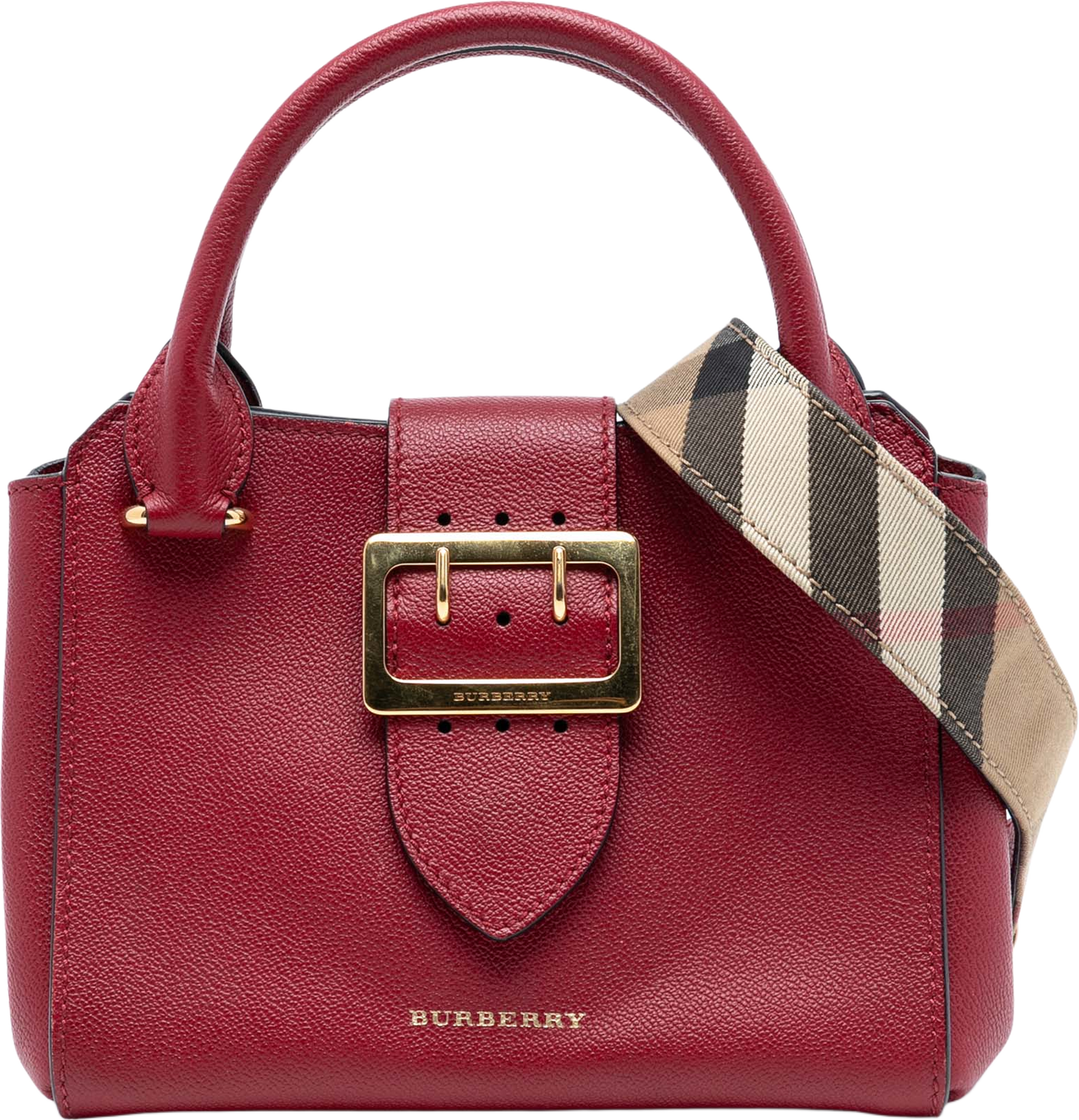 Burberry Small Grained Leather Buckle Tote, från Luxclusif, i färgen red. Klicka för att öppna bilden i stort format