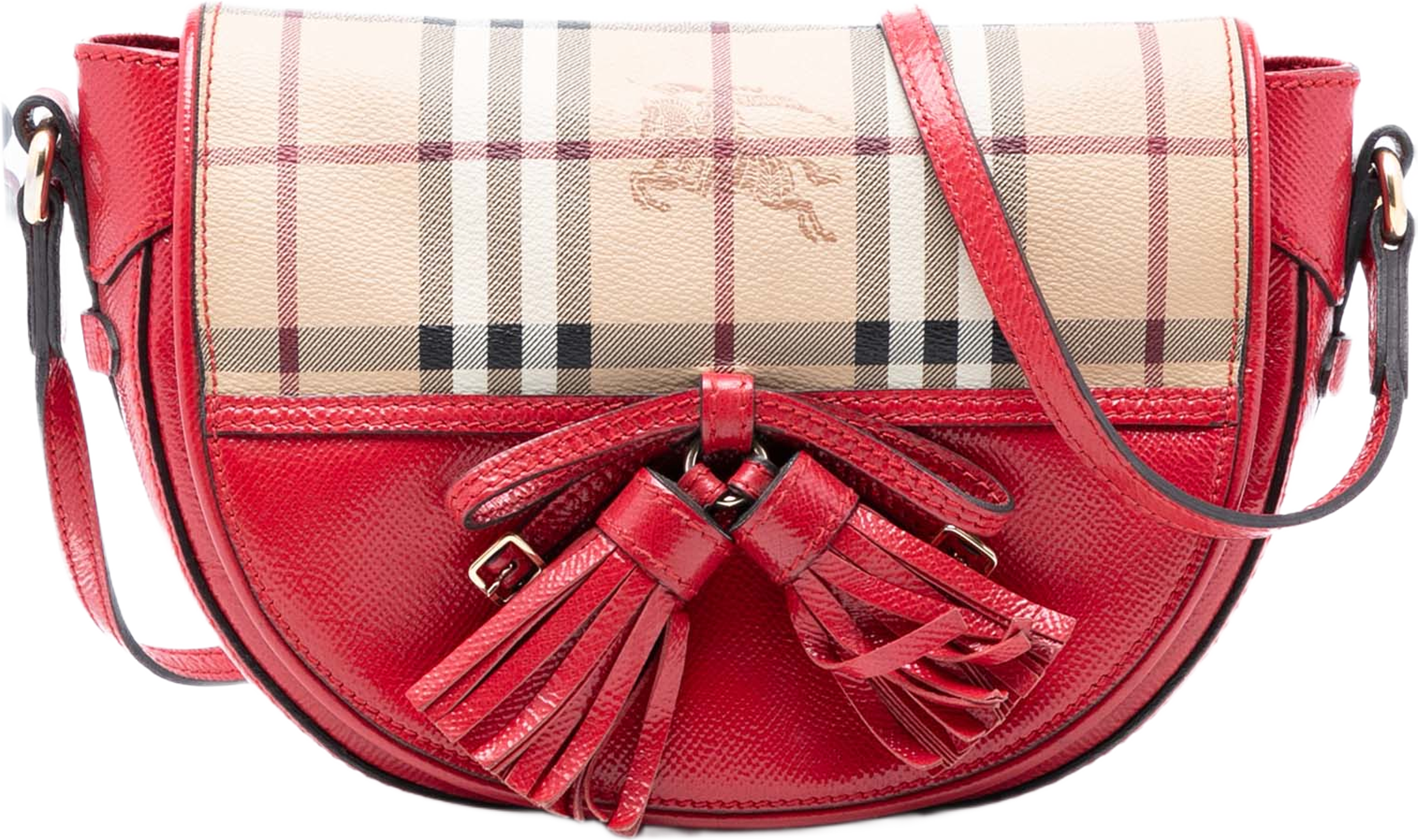 Burberry Patent Leather And Haymarket Check Coated Canvas Maydown Crossbody, från Luxclusif, i färgen red. Klicka för att öppna bilden i stort format