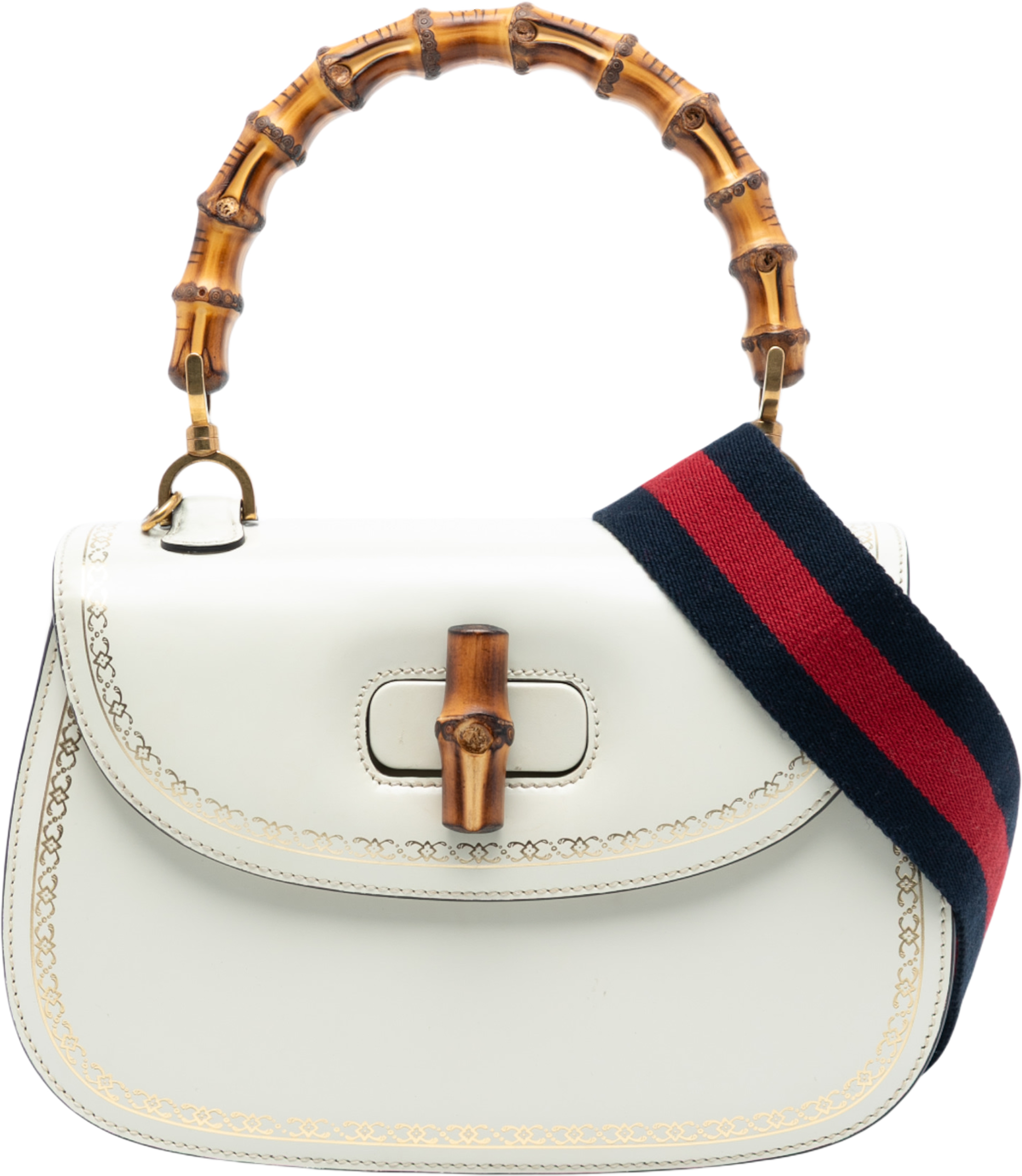 Gucci Calfskin Frame Print Bamboo Top Handle Bag, från Luxclusif, i färgen white. Klicka för att öppna bilden i stort format