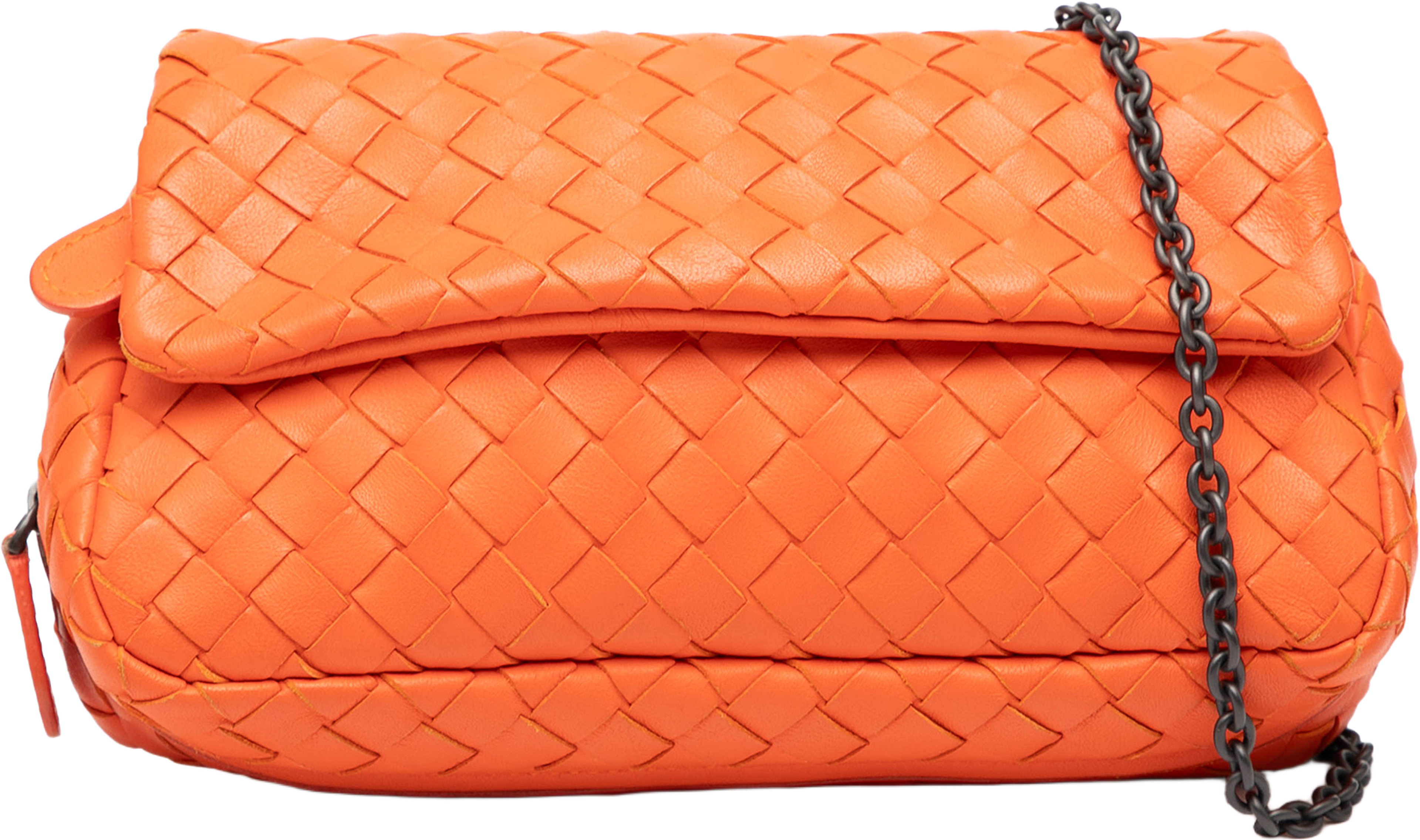 Bottega Veneta Mini Nappa Intrecciato Expandable Chain Flap Crossbody, från Luxclusif, i färgen orange. Klicka för att öppna bilden i stort format