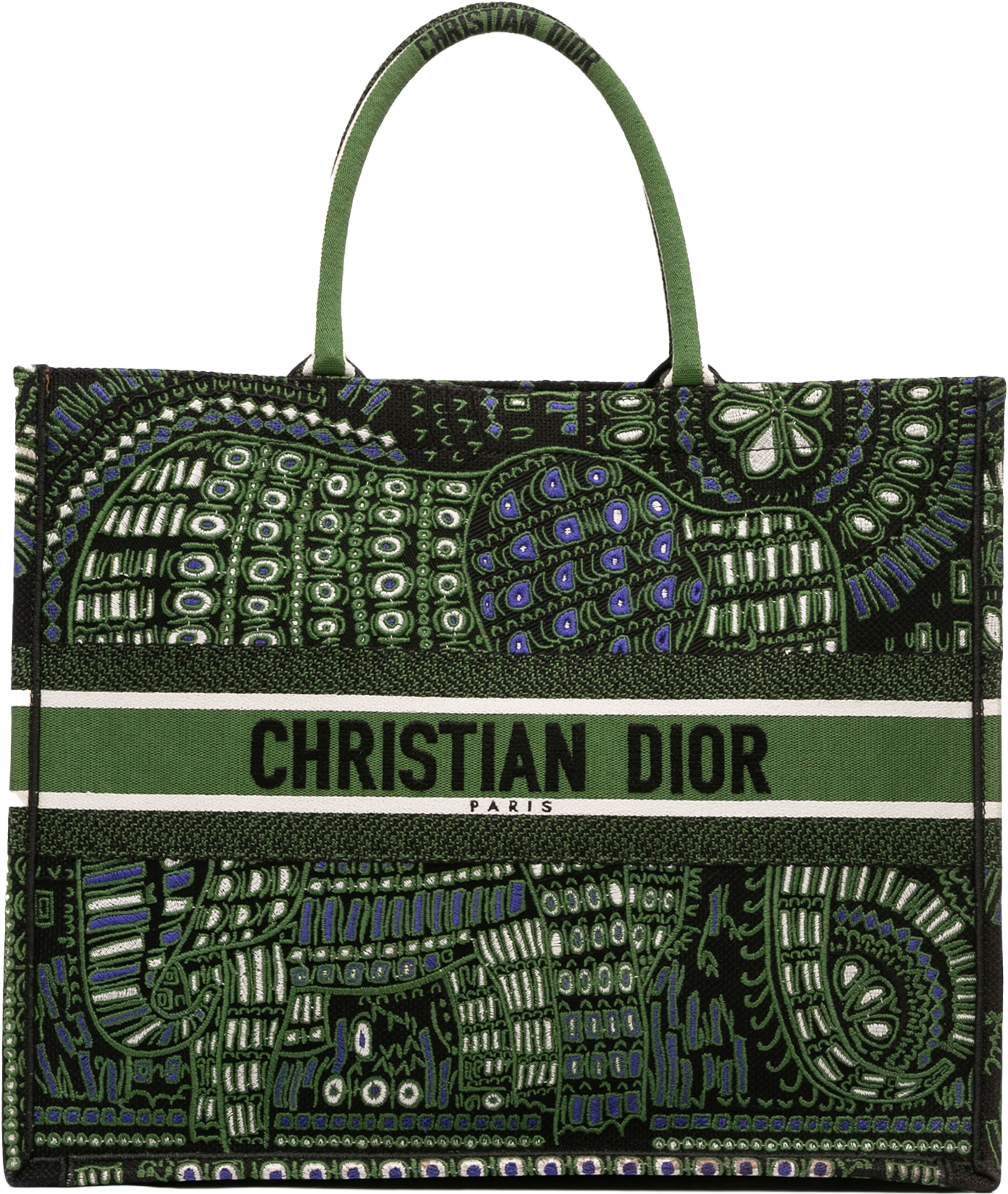 Dior Large Canvas Embroidered Elephant Book Tote, från Luxclusif, i färgen green. Klicka för att öppna bilden i stort format