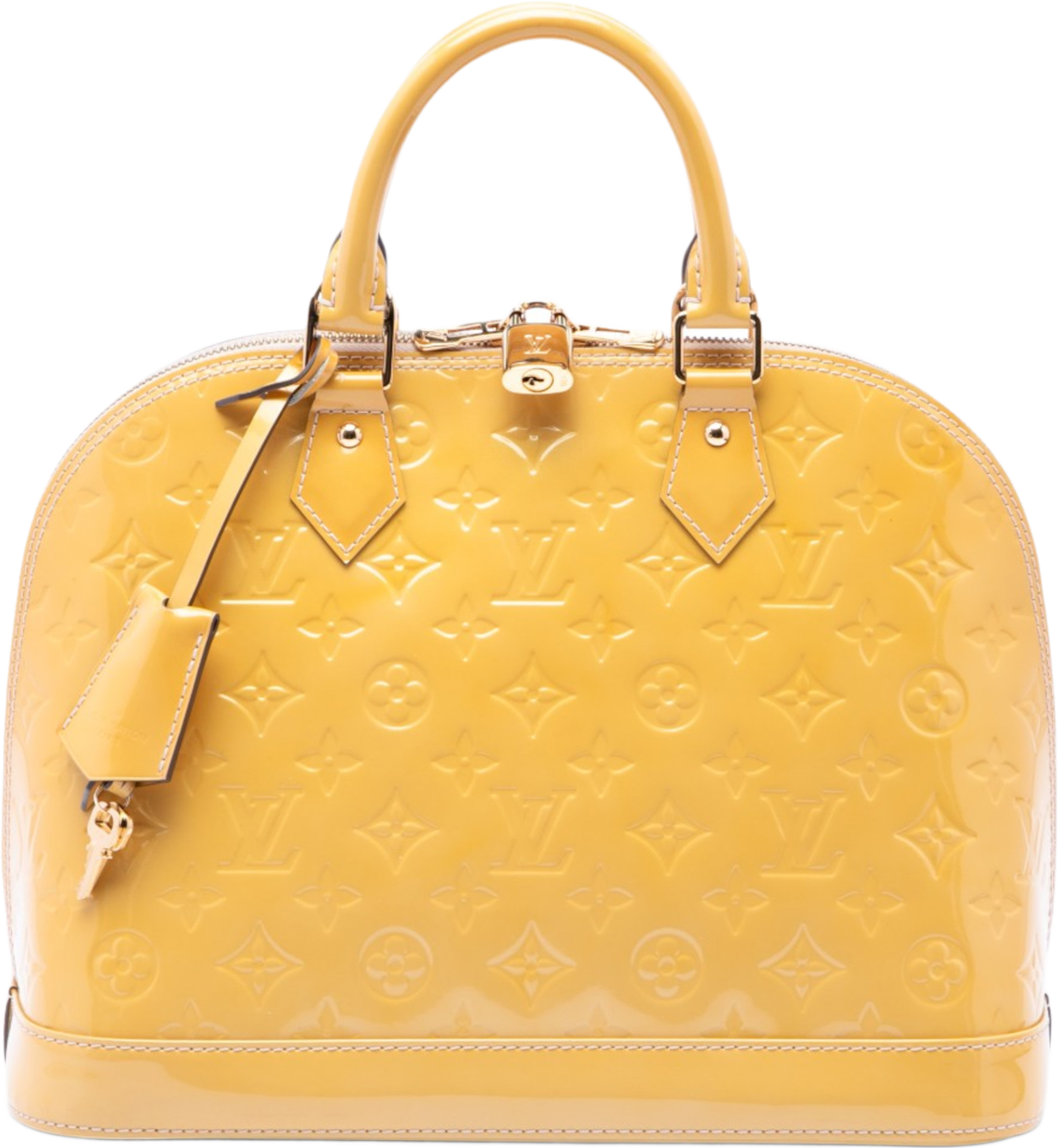Louis Vuitton Monogram Vernis Alma Pm, från Luxclusif, i färgen yellow. Klicka för att öppna bilden i stort format