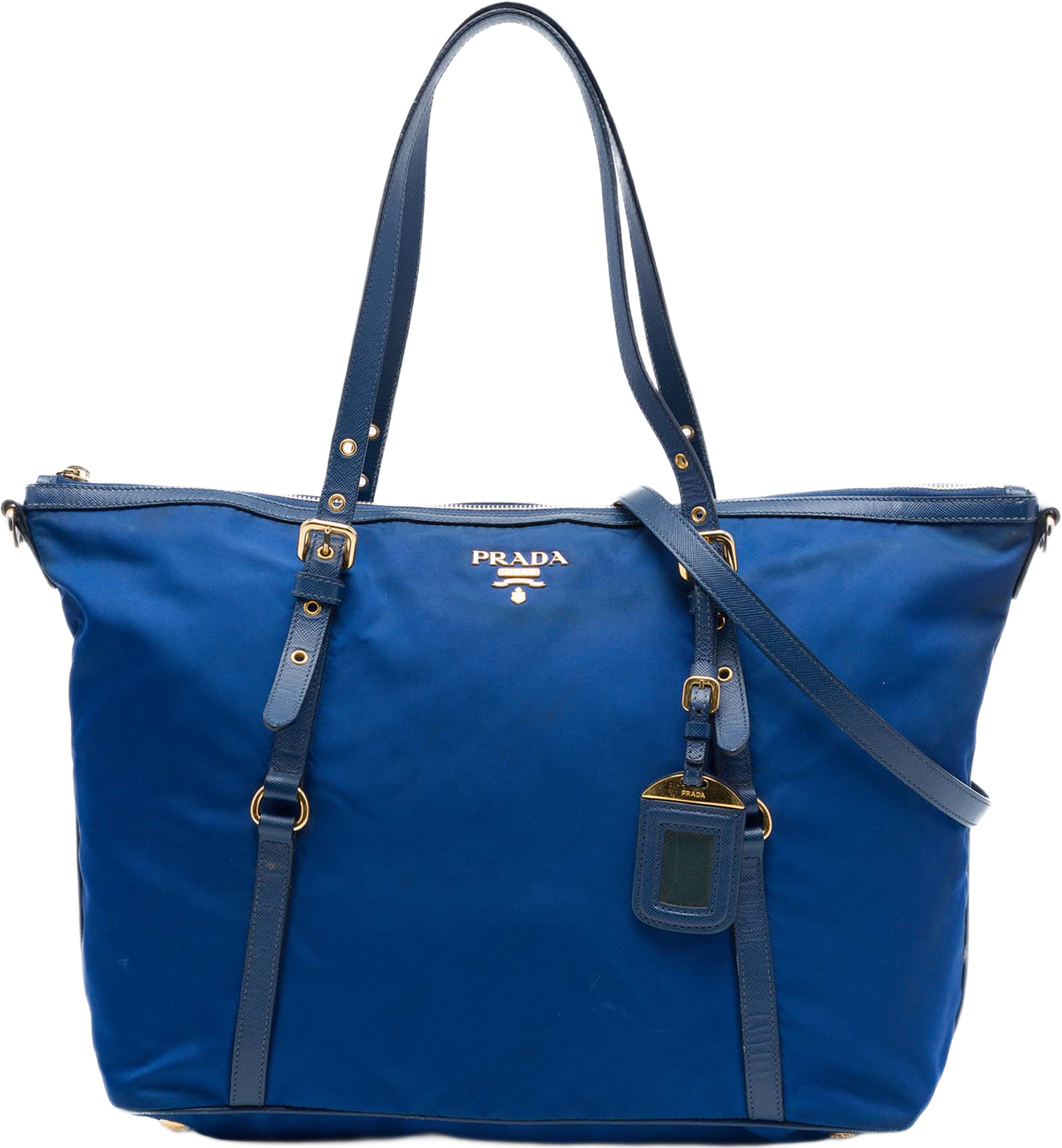 Prada Saffiano Trimmed Tessuto Zip Top Convertible Tote, från Luxclusif, i färgen blå. Klicka för att öppna bilden i stort format