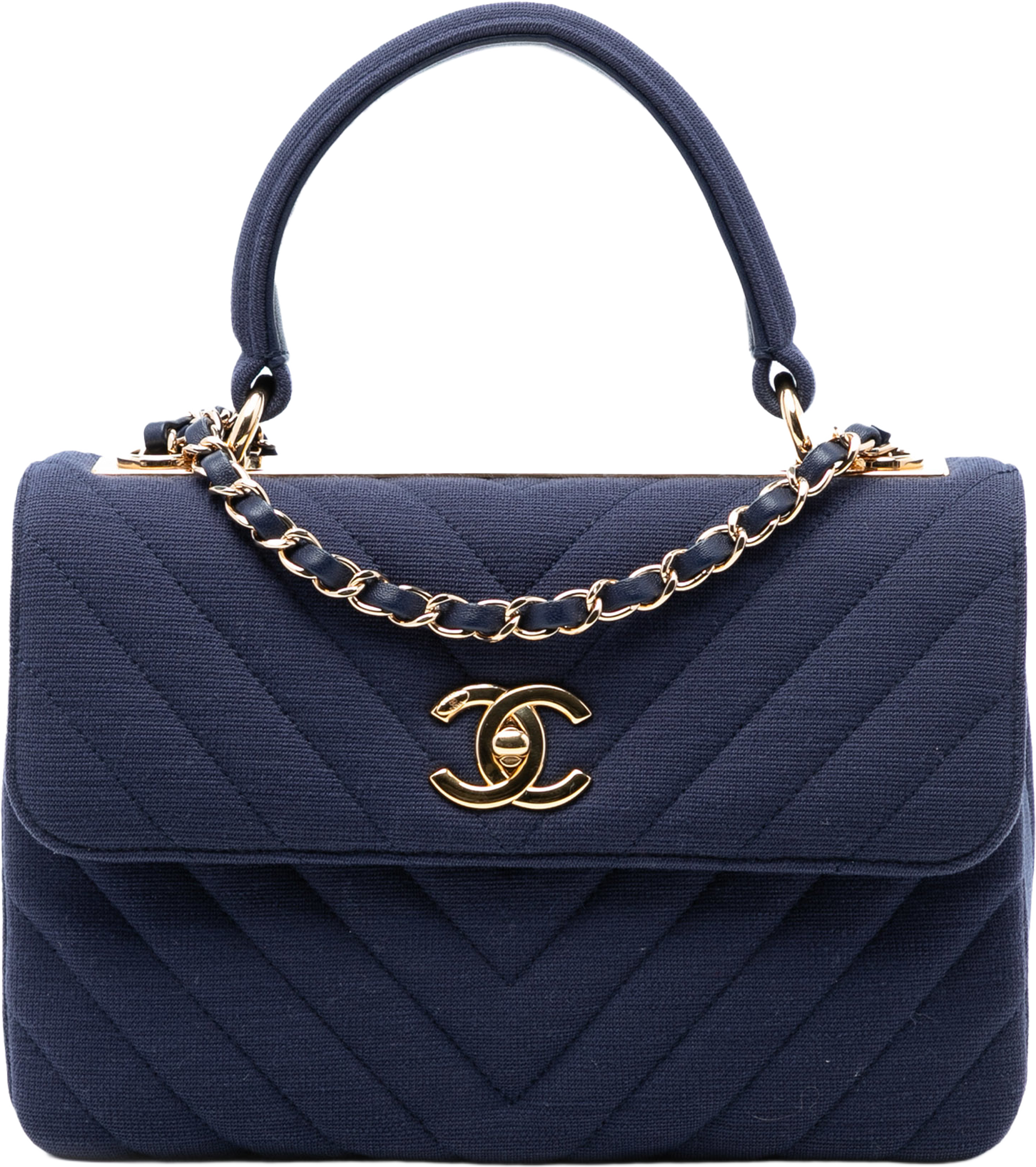 Chanel Small Chevron Jersey Trendy Cc Top Handle Flap, från Luxclusif, i färgen dark blue. Klicka för att öppna bilden i stort format