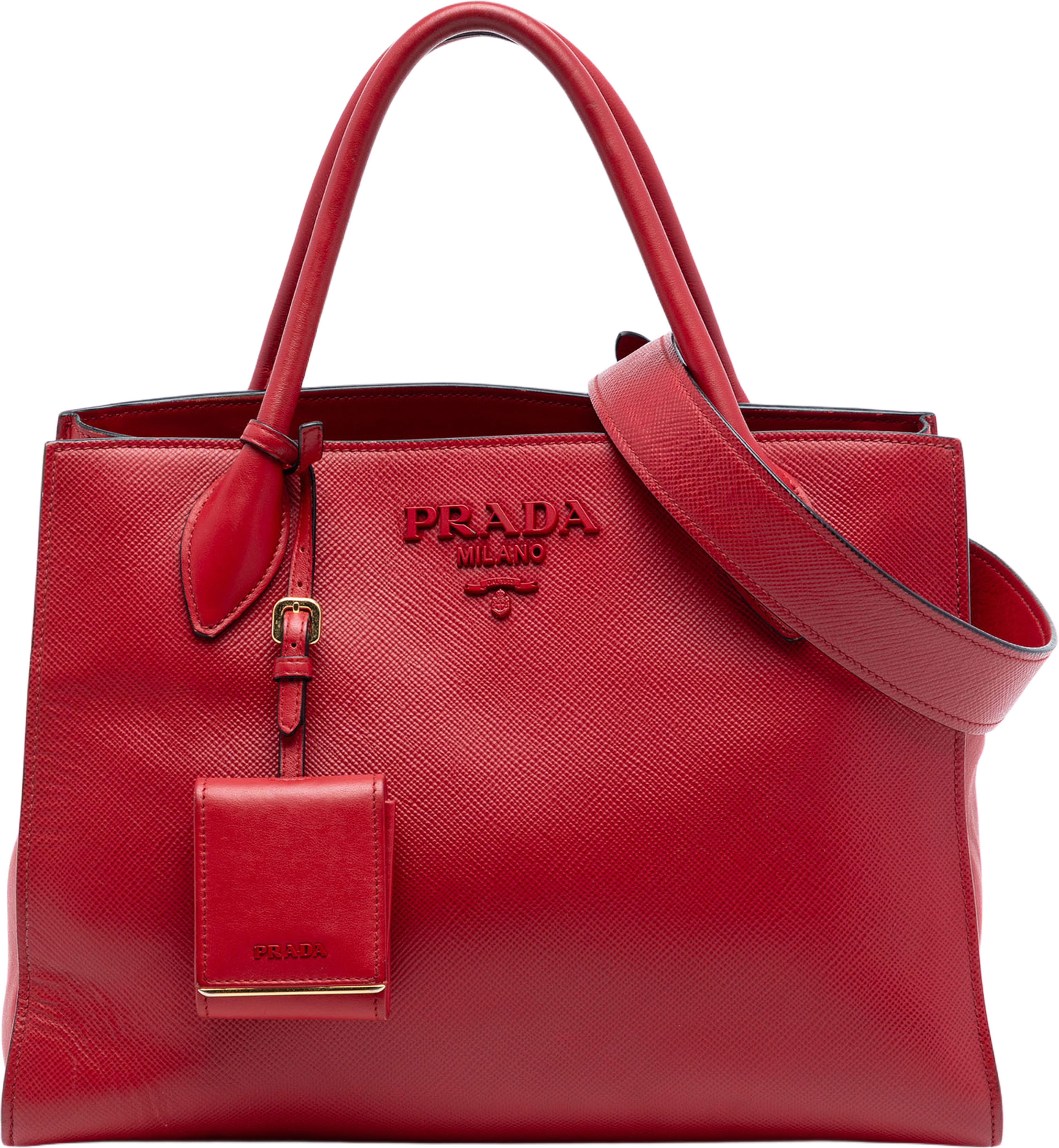 Prada Medium Saffiano Cuir Monochrome Top Handle Tote, från Luxclusif, i färgen red. Klicka för att öppna bilden i stort format