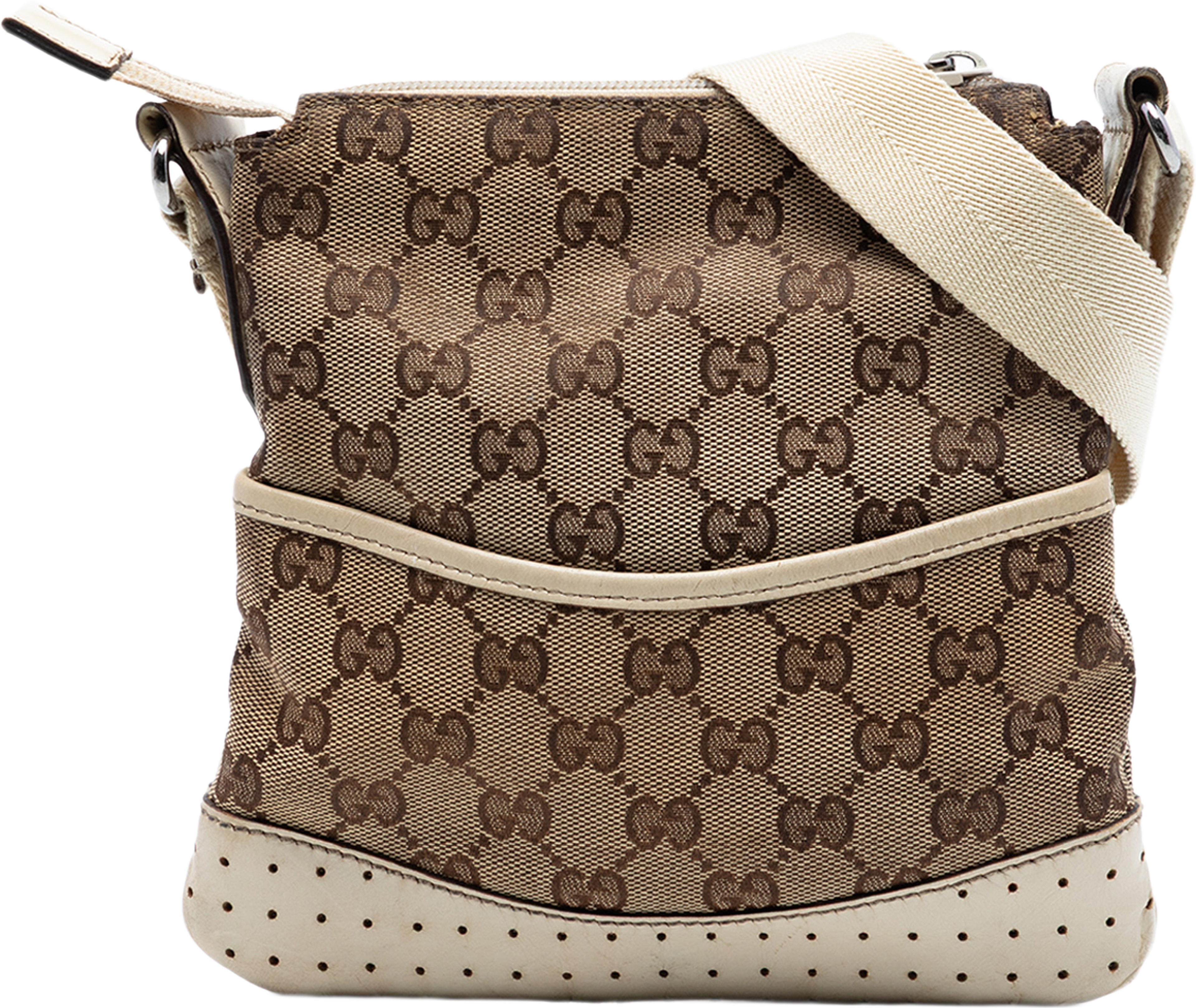 Gucci Small Gg Canvas Perforated Crossbody, från Luxclusif, i färgen beige. Klicka för att öppna bilden i stort format