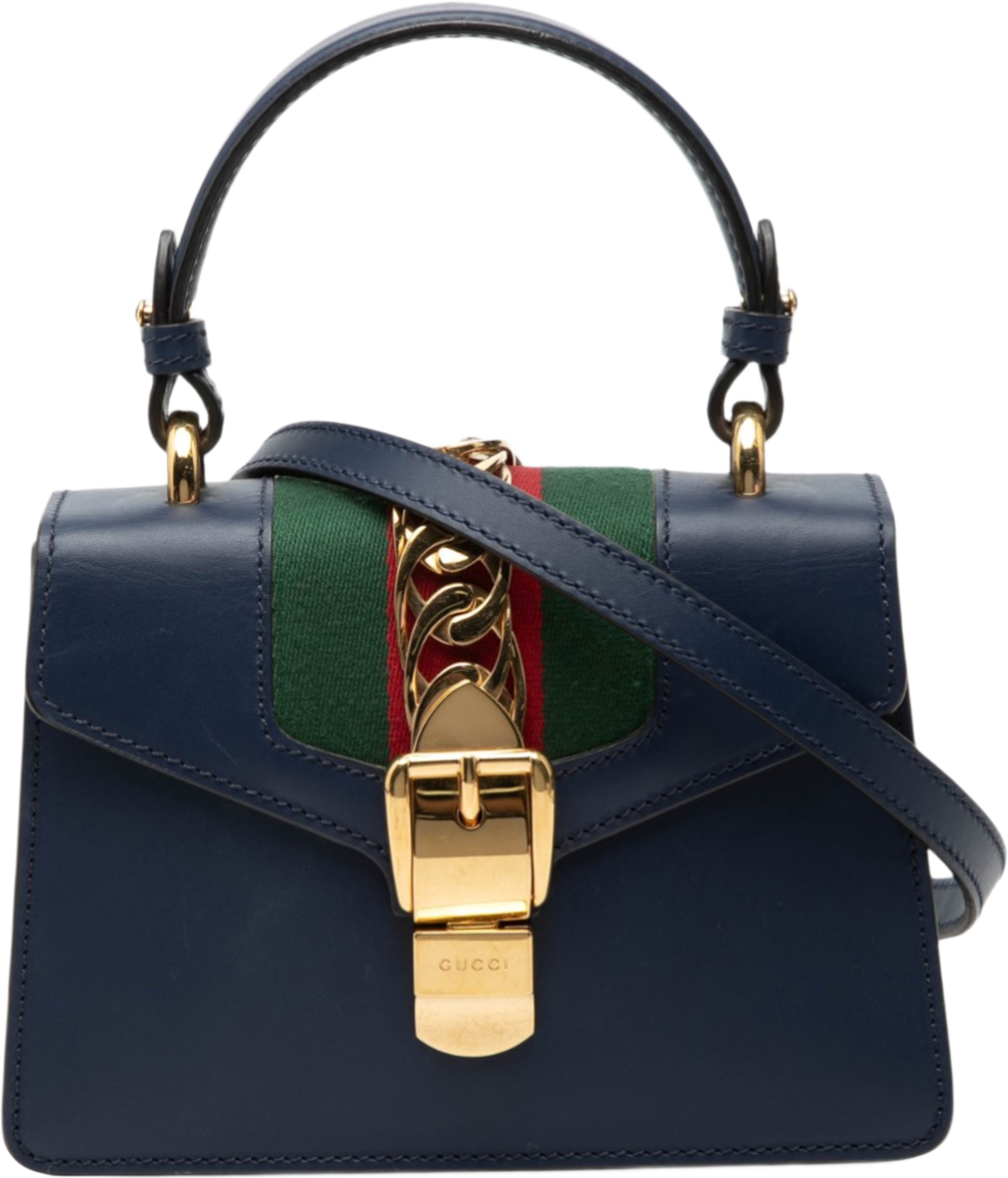 Gucci Mini Leather Sylvie Satchel, från Luxclusif, i färgen blå. Klicka för att öppna bilden i stort format