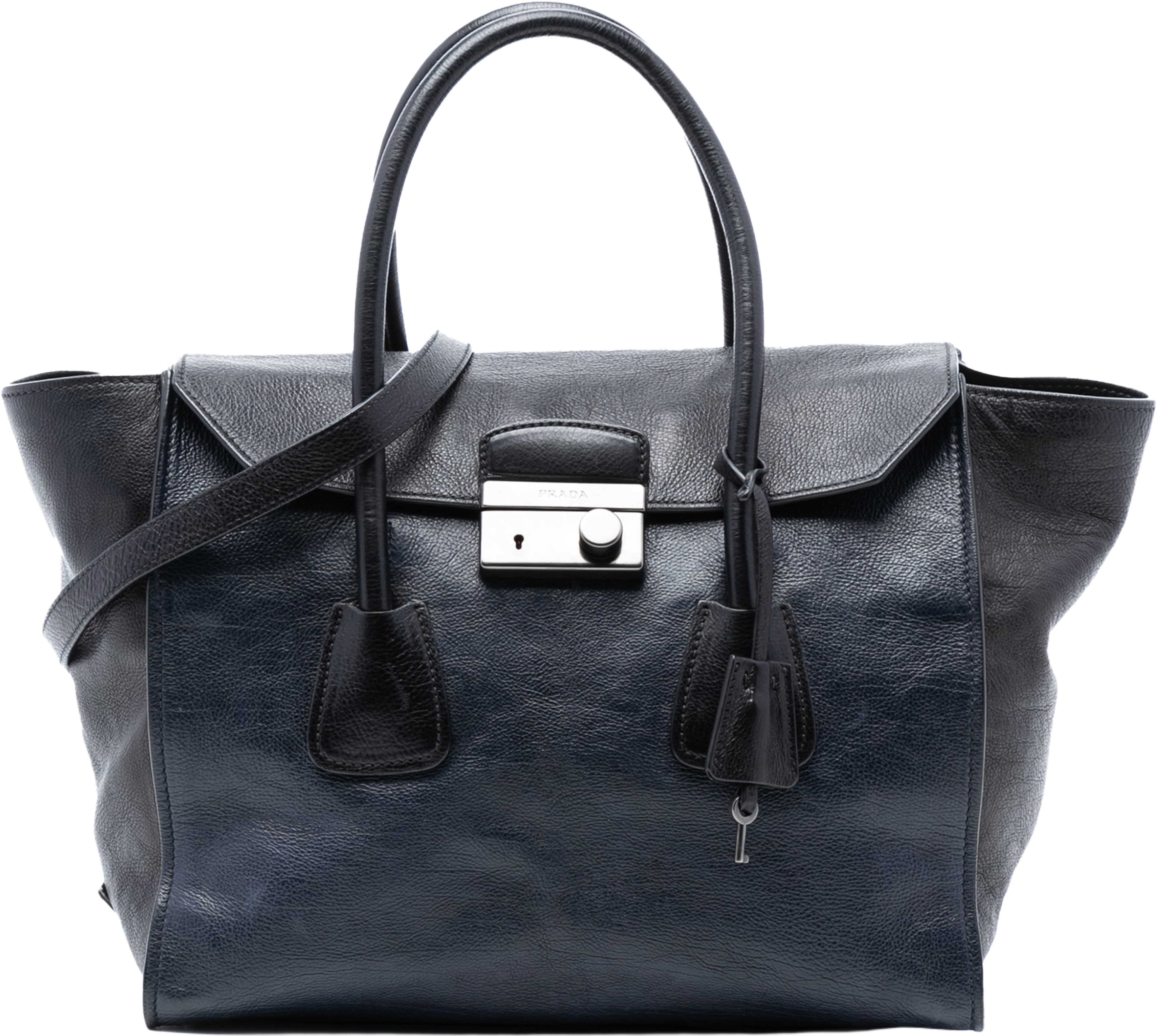 Prada Bicolor Glace Calf Sound Lock Satchel, från Luxclusif, i färgen navy. Klicka för att öppna bilden i stort format