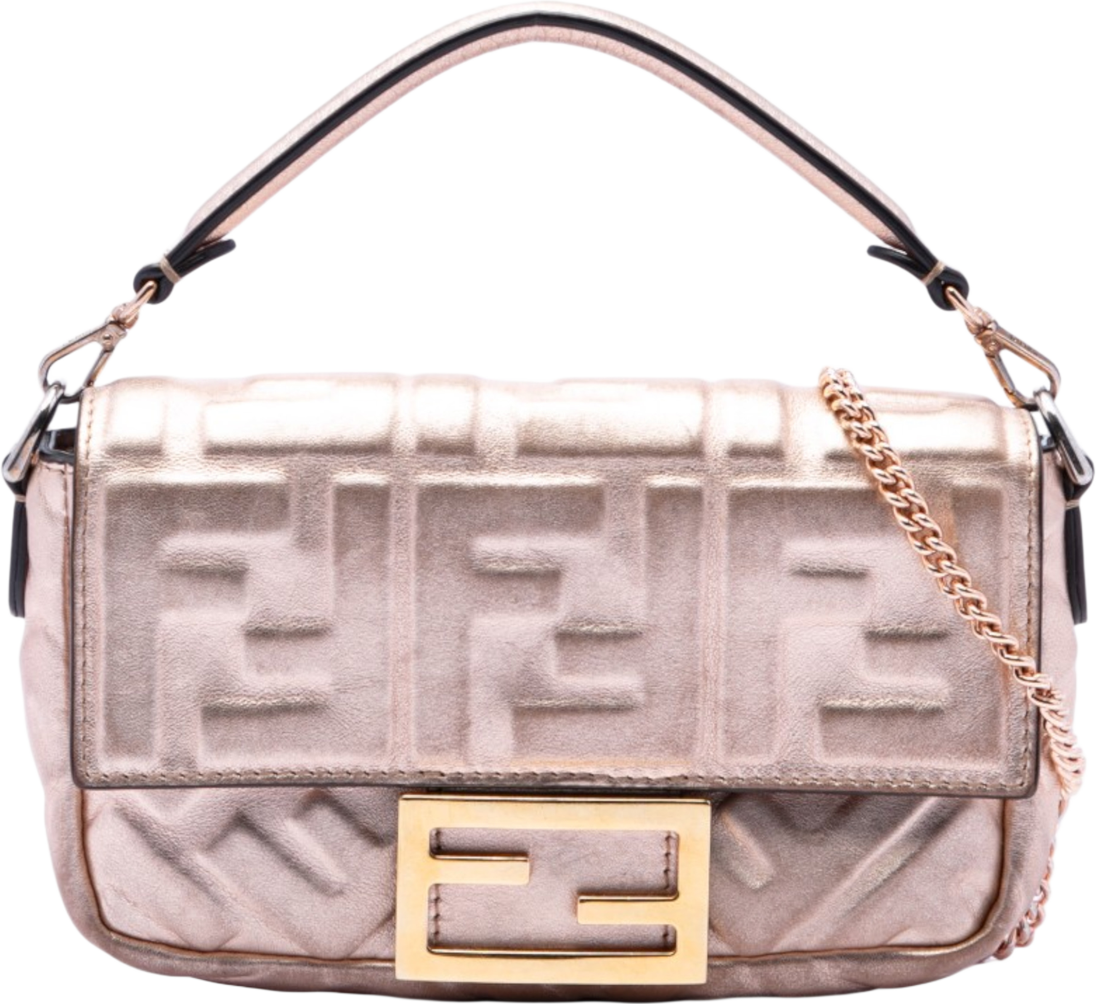 Fendi Mini Zucca Embossed Metallic Leather Baguette Satchel, från Luxclusif, i färgen pink. Klicka för att öppna bilden i stort format