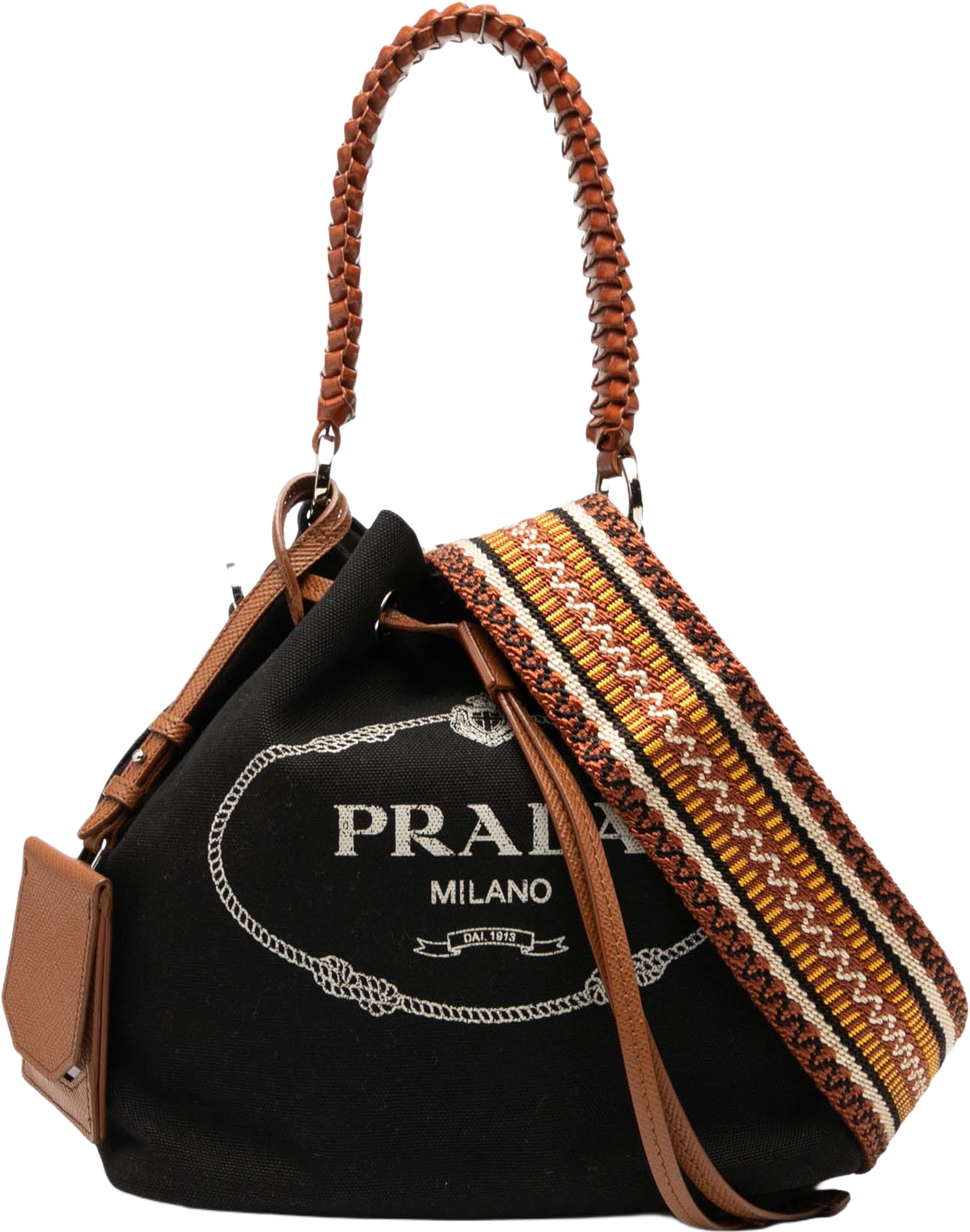 Prada Canvas Canapa Logo Bucket Bag, från Luxclusif, i färgen black. Klicka för att öppna bilden i stort format