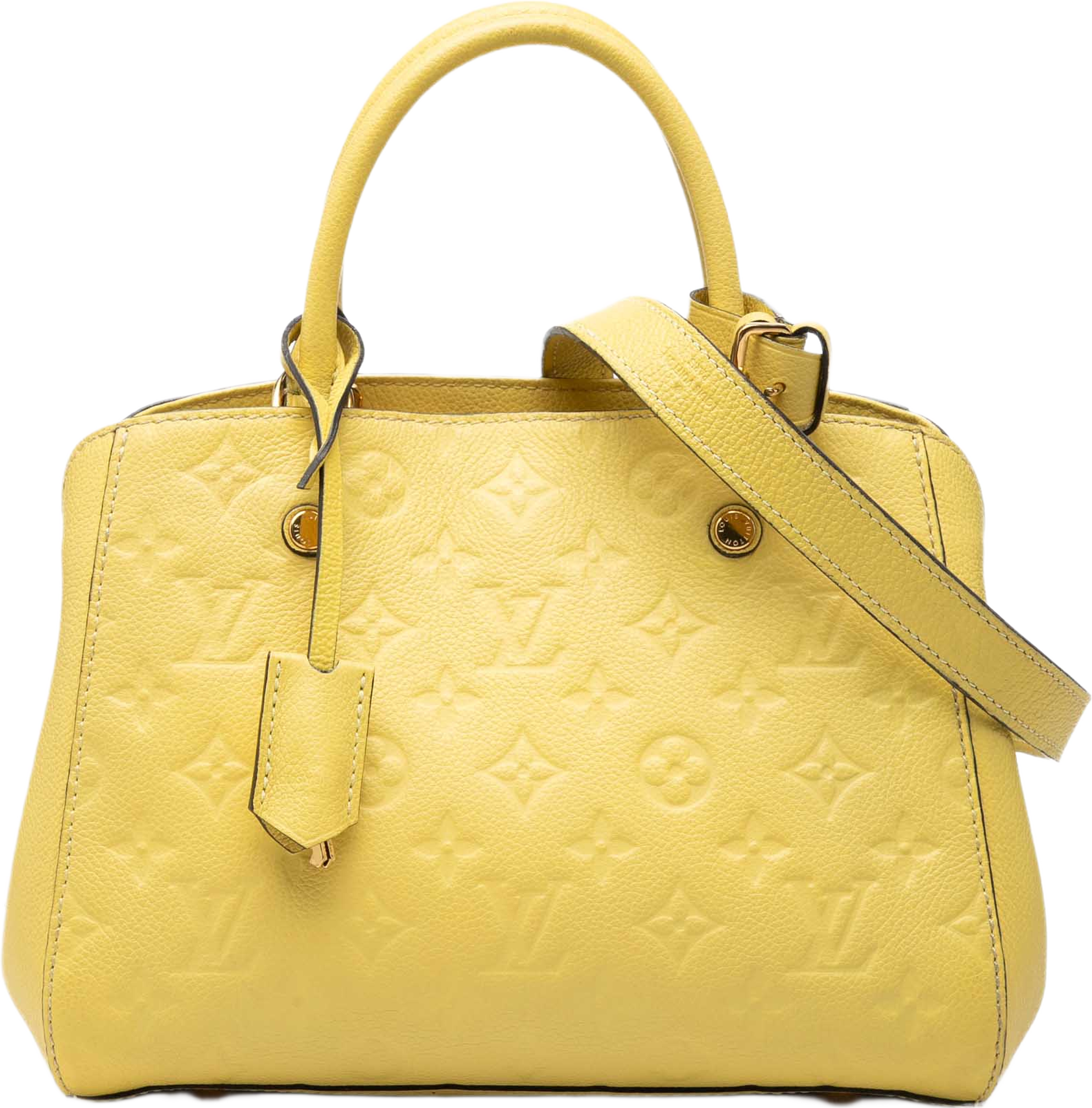 Louis Vuitton Monogram Empreinte Montaigne Bb, från Luxclusif, i färgen gul. Klicka för att öppna bilden i stort format