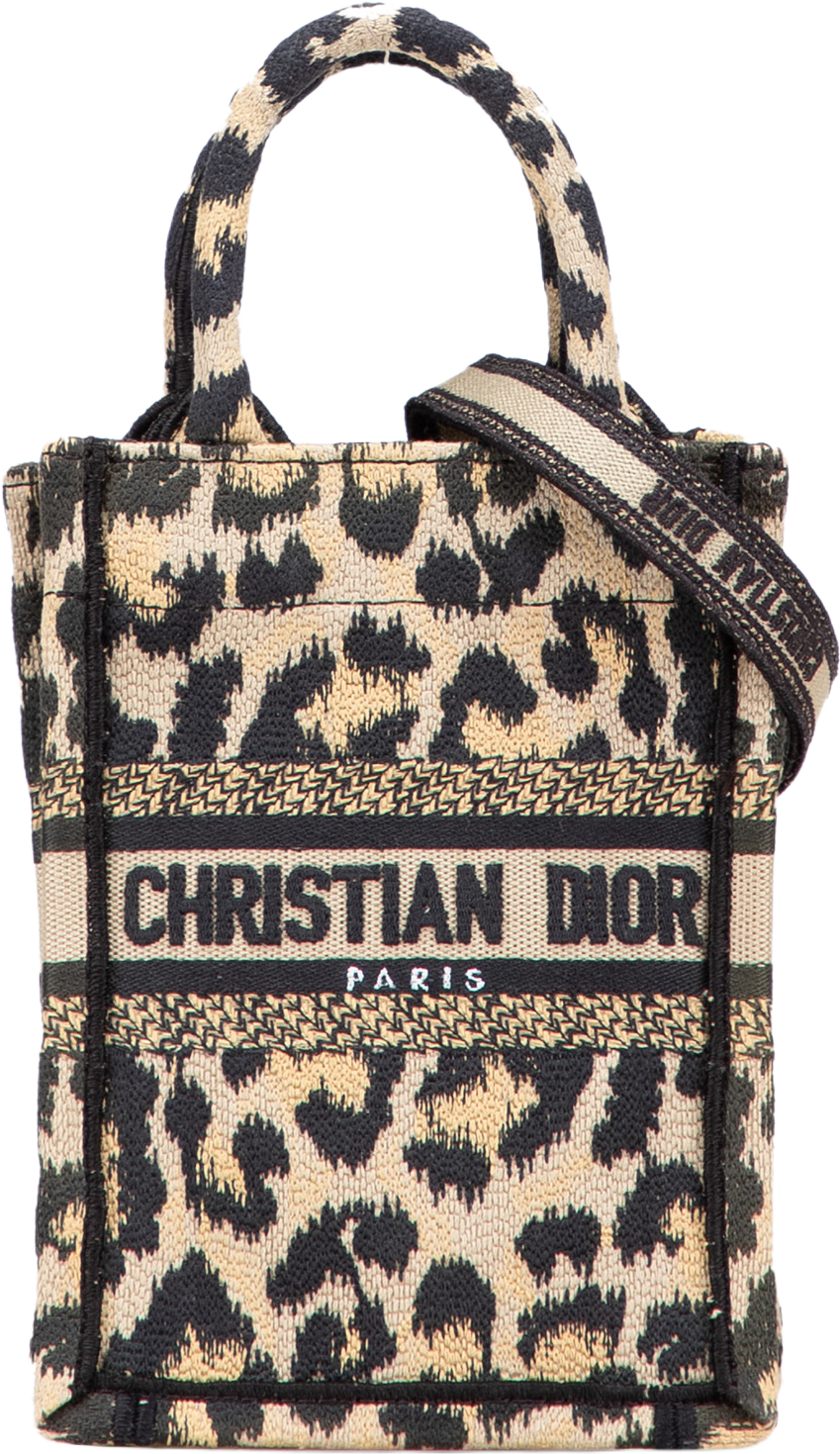 Dior Mizza Mini Embroidered Canvas Leopard Vertical Book Tote, från Luxclusif, i färgen beige. Klicka för att öppna bilden i stort format