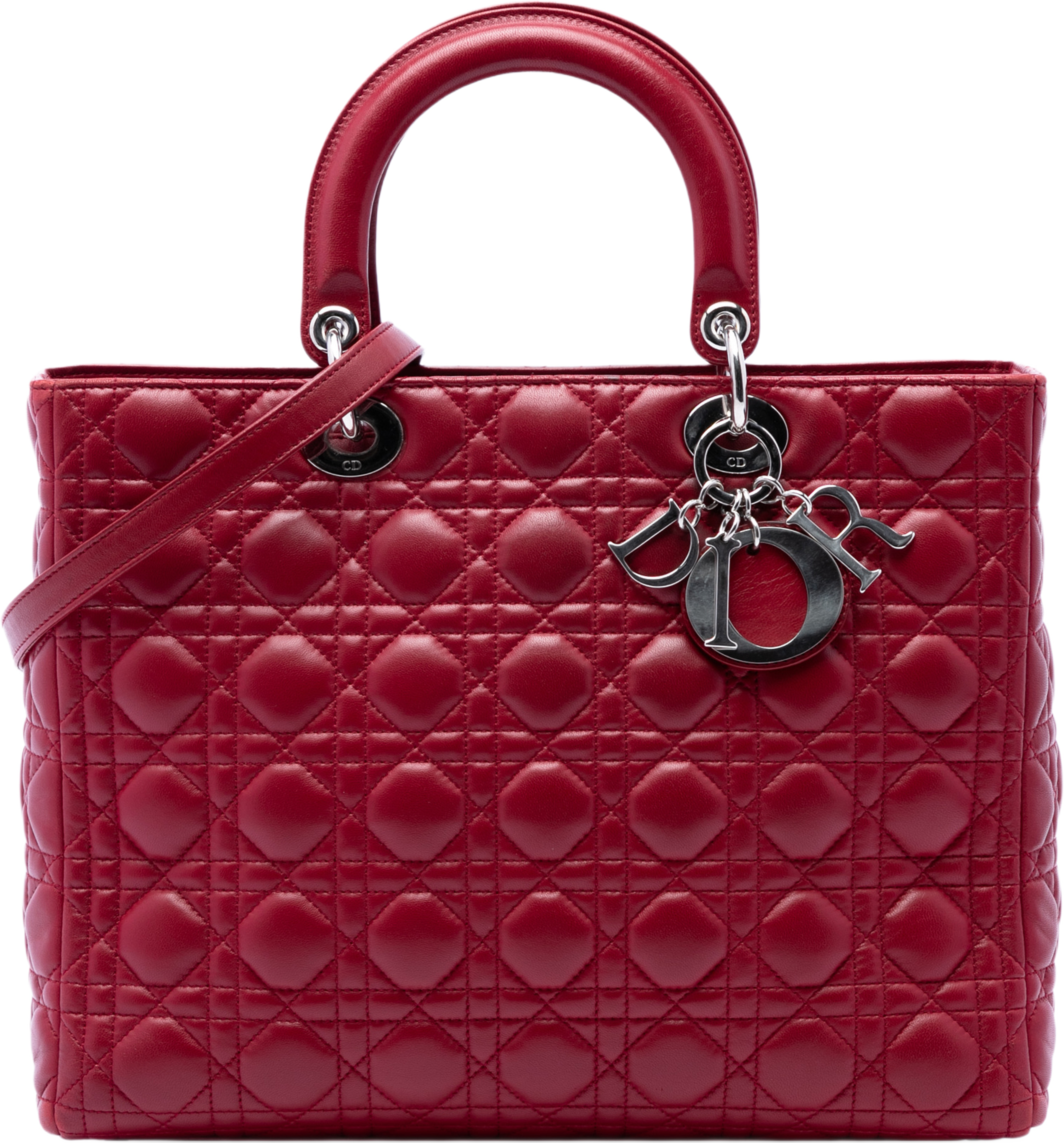 Dior Large Lambskin Cannage Lady Dior, från Luxclusif, i färgen röd. Klicka för att öppna bilden i stort format