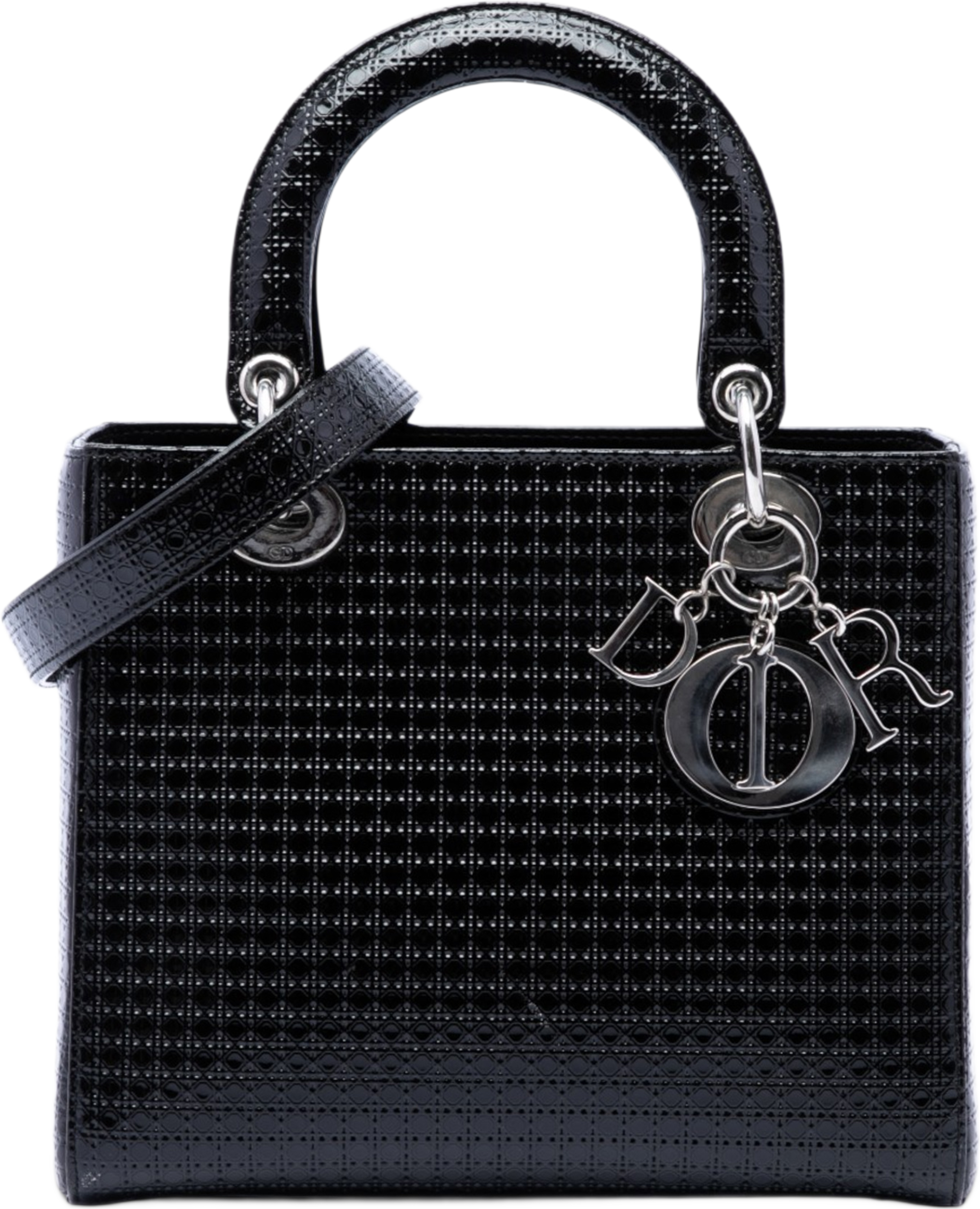 Dior Medium Metallic Patent Microcannage Lady Dior, från Luxclusif, i färgen svart. Klicka för att öppna bilden i stort format