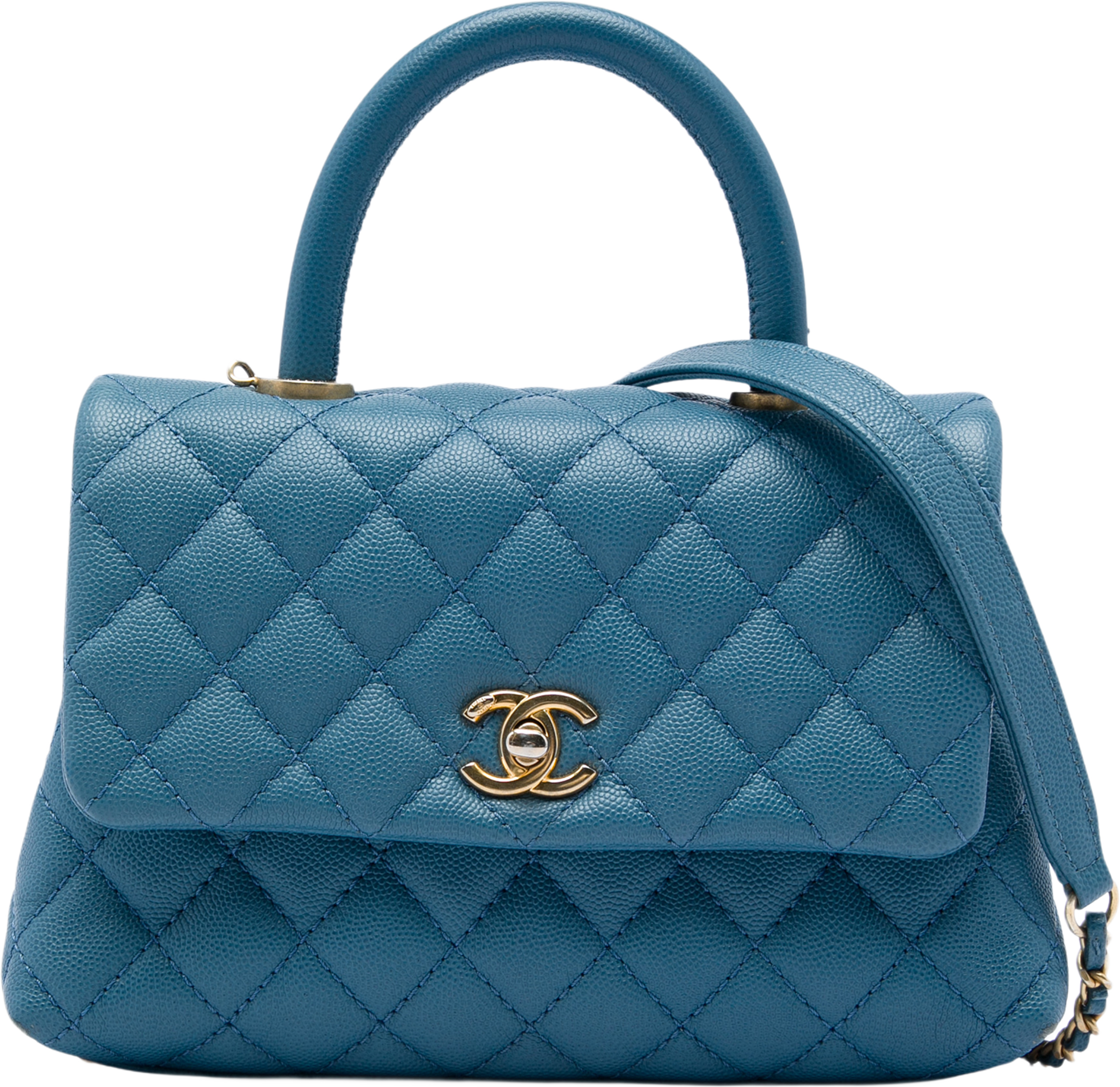 Chanel Mini Caviar Coco Top Handle Bag, från Luxclusif, i färgen blå. Klicka för att öppna bilden i stort format