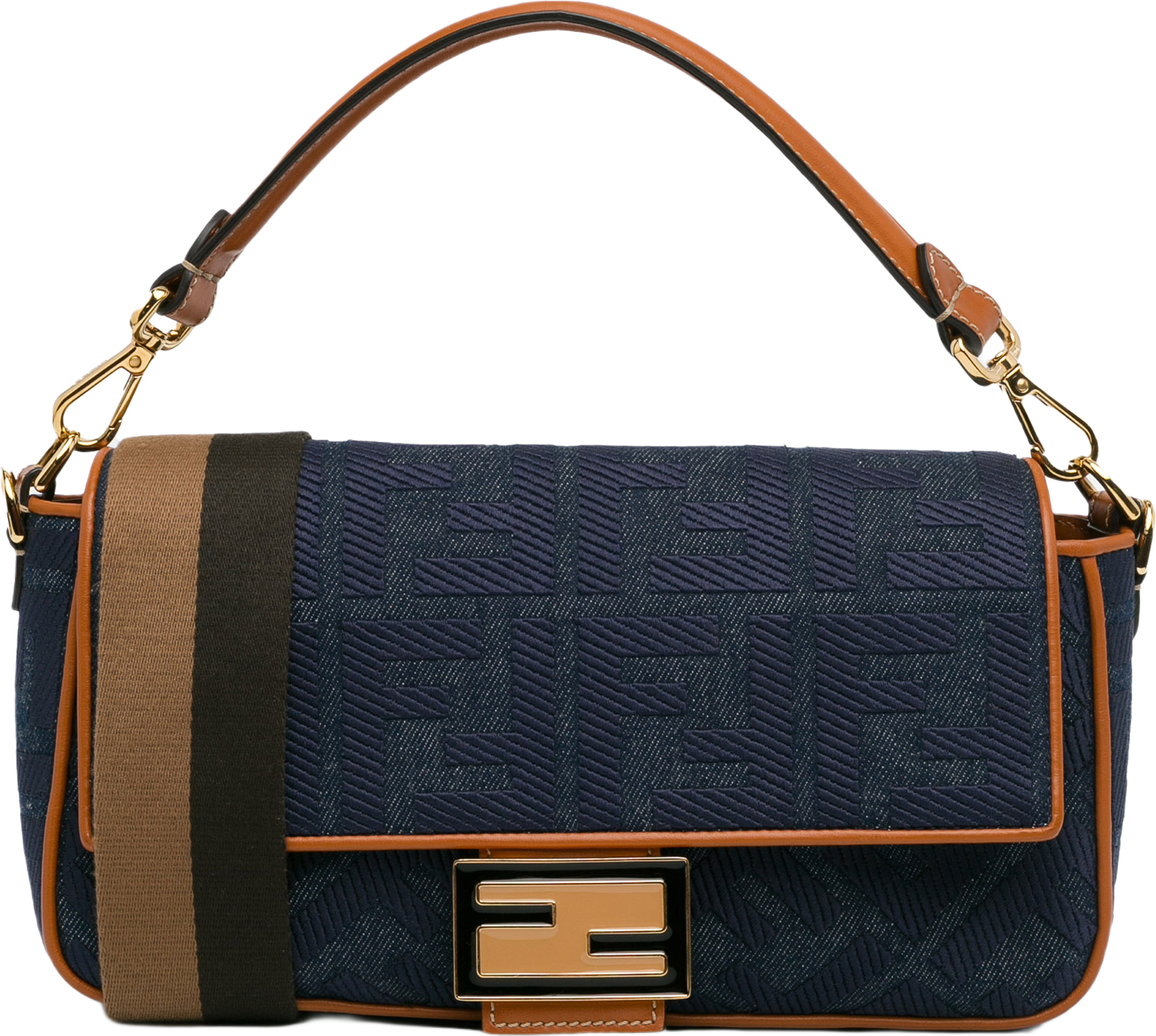 Fendi Zucca Embroidered Denim Baguette Satchel