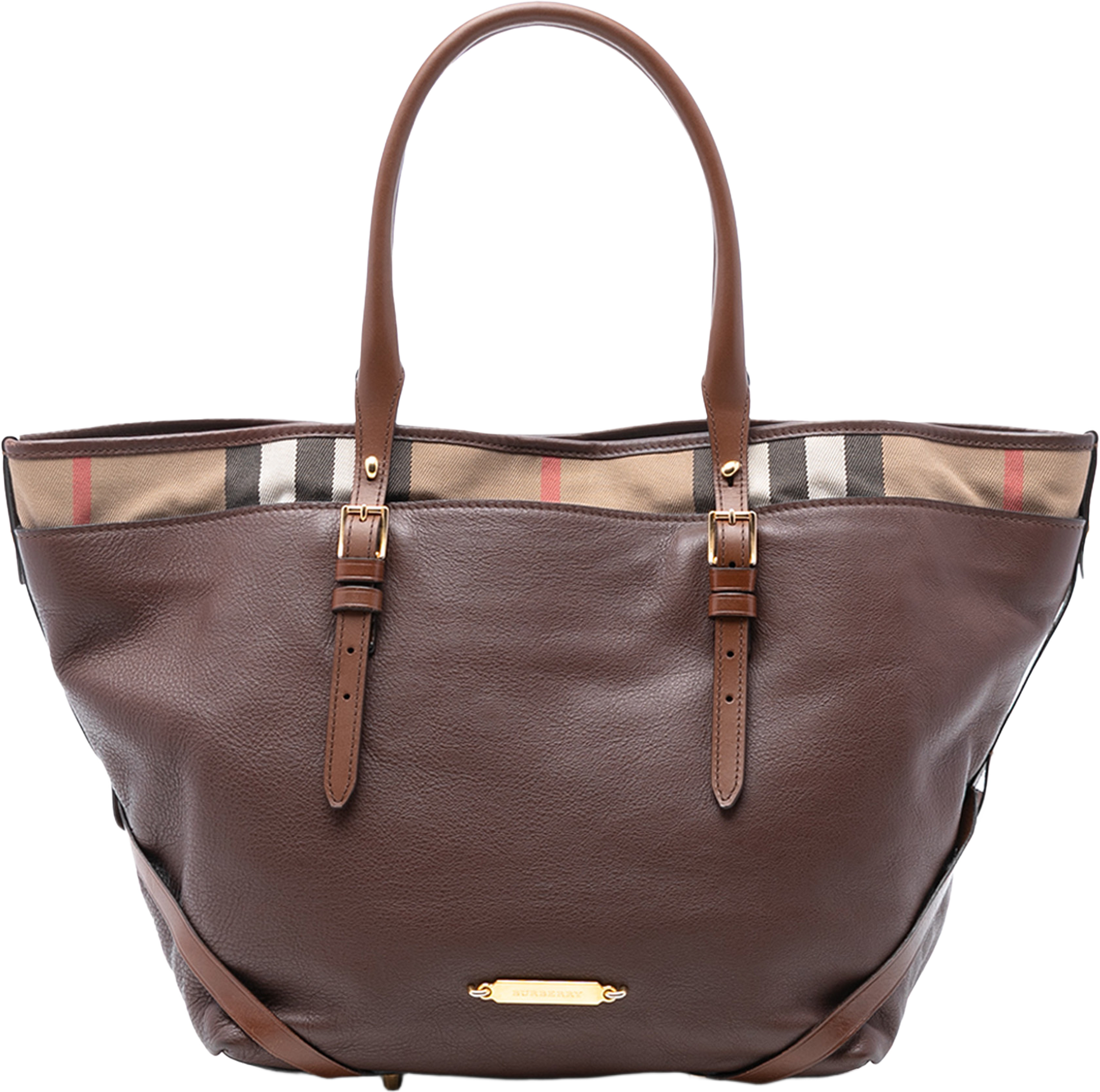 Burberry Medium House Check Trimmed Leather Salisbury Tote, från Luxclusif, i färgen brown. Klicka för att öppna bilden i stort format