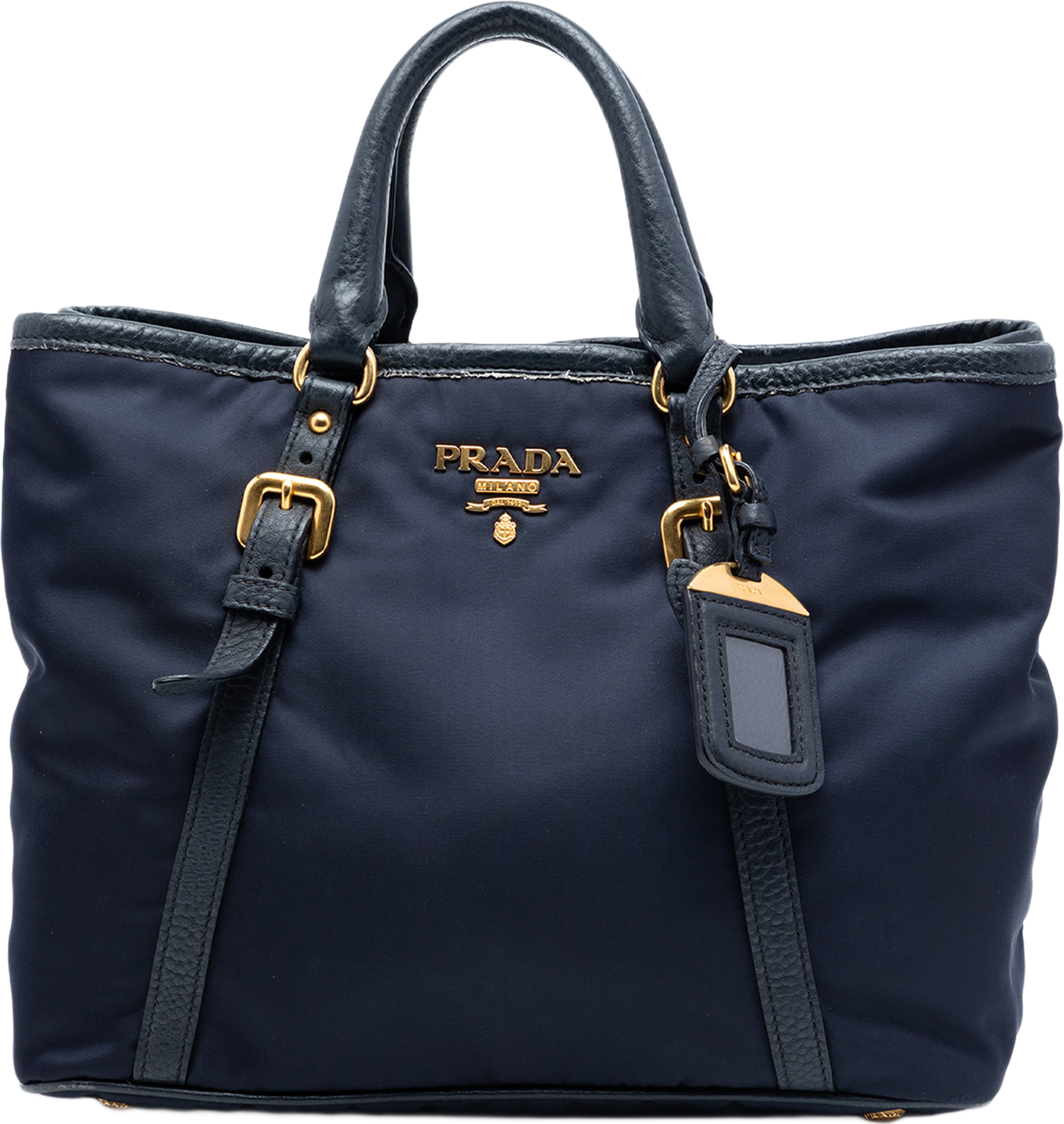 Prada Vitello Daino Trimmed Tessuto Satchel, från Luxclusif, i färgen navy. Klicka för att öppna bilden i stort format