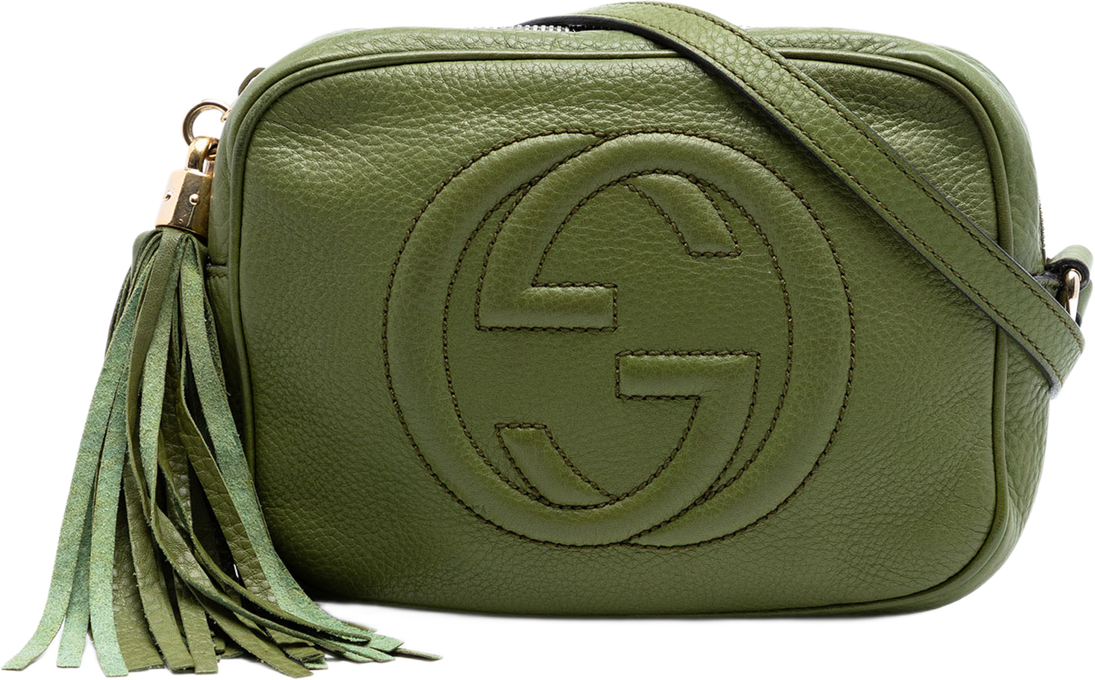 Gucci Leather Soho Disco Crossbody, från Luxclusif, i färgen olive green. Klicka för att öppna bilden i stort format
