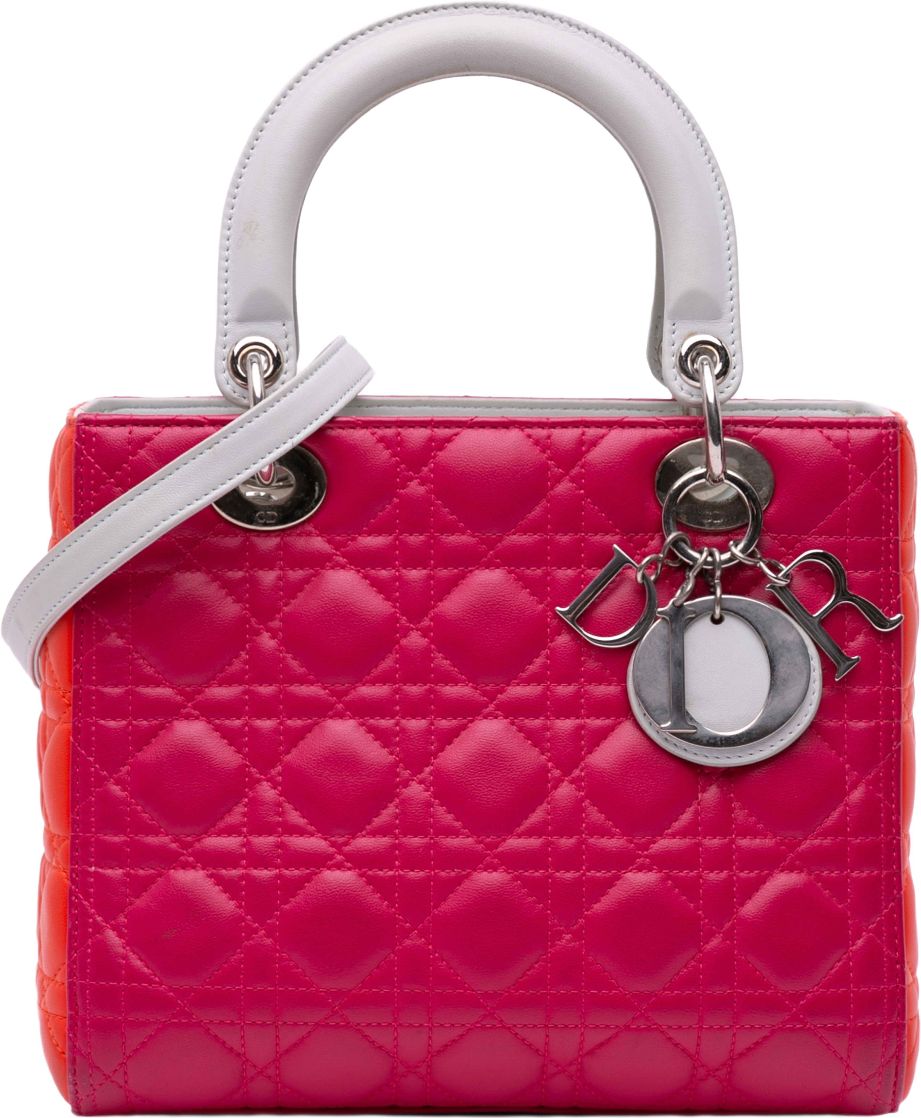Dior Medium Tricolor Lambskin Cannage Lady Dior, från Luxclusif, i färgen dark pink. Klicka för att öppna bilden i stort format