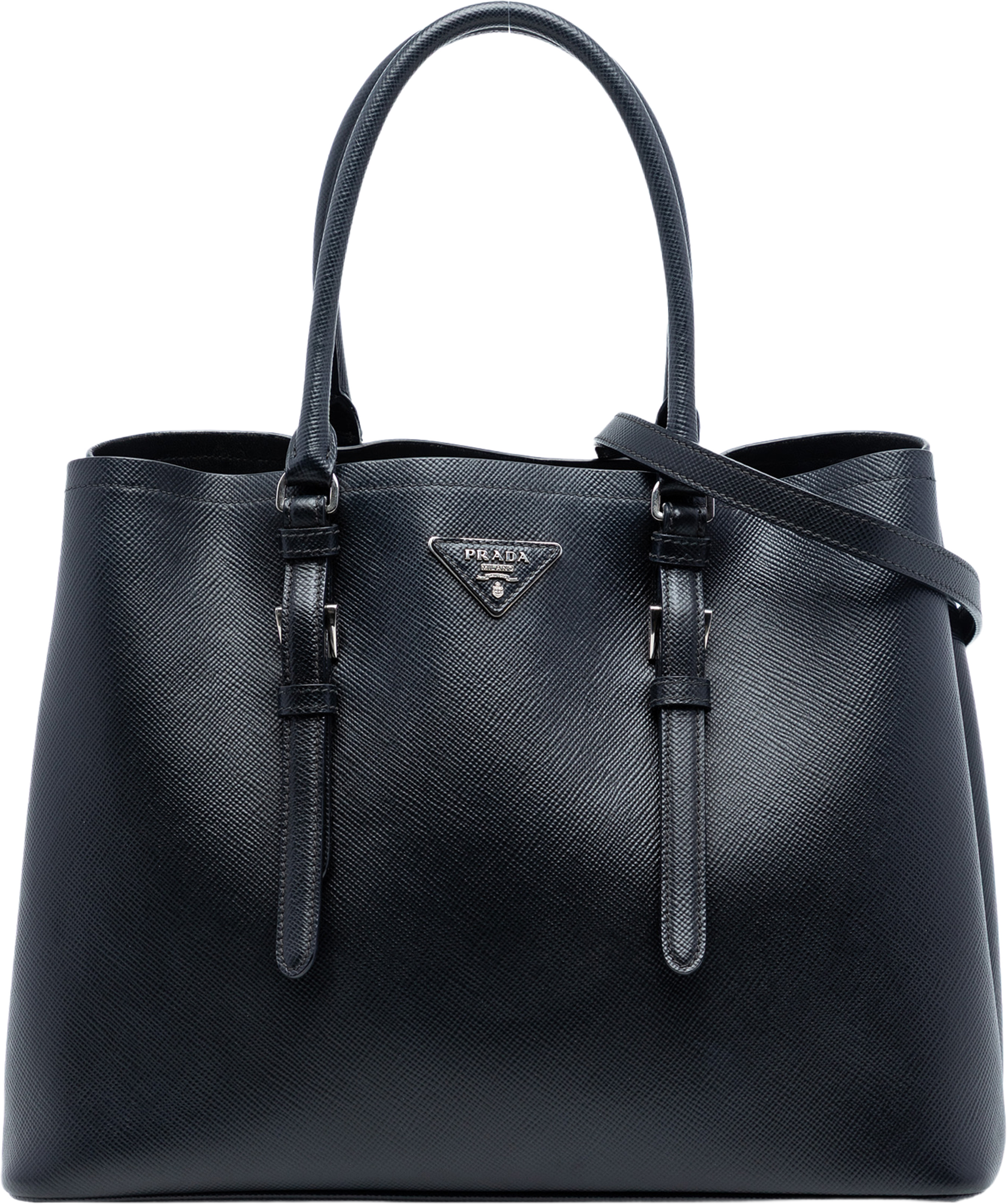 Prada Medium Saffiano Cuir Double Handle Satchel, från Luxclusif, i färgen black. Klicka för att öppna bilden i stort format