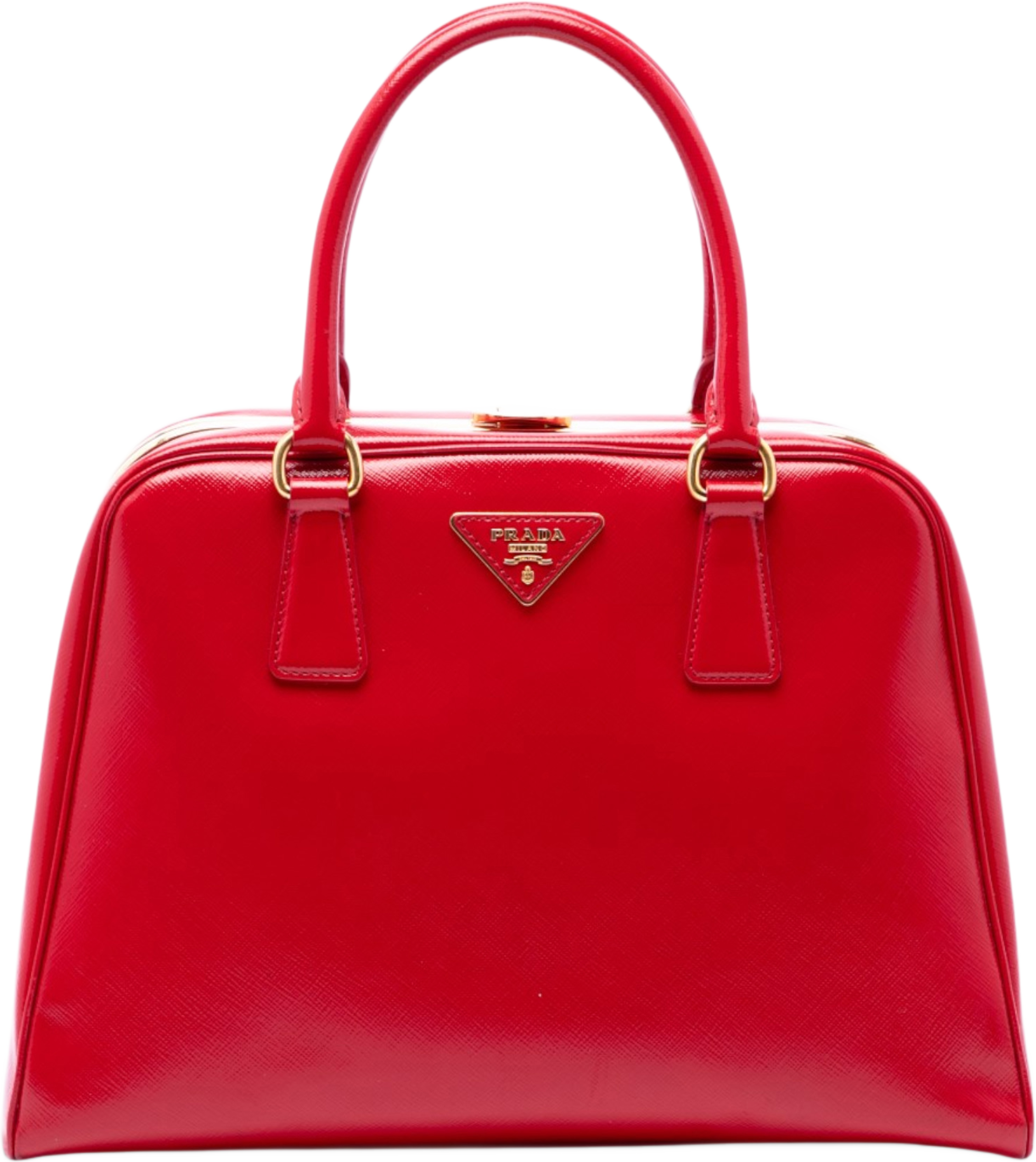 Prada Saffiano Vernice Pyramid Frame Handbag, från Luxclusif, i färgen röd. Klicka för att öppna bilden i stort format