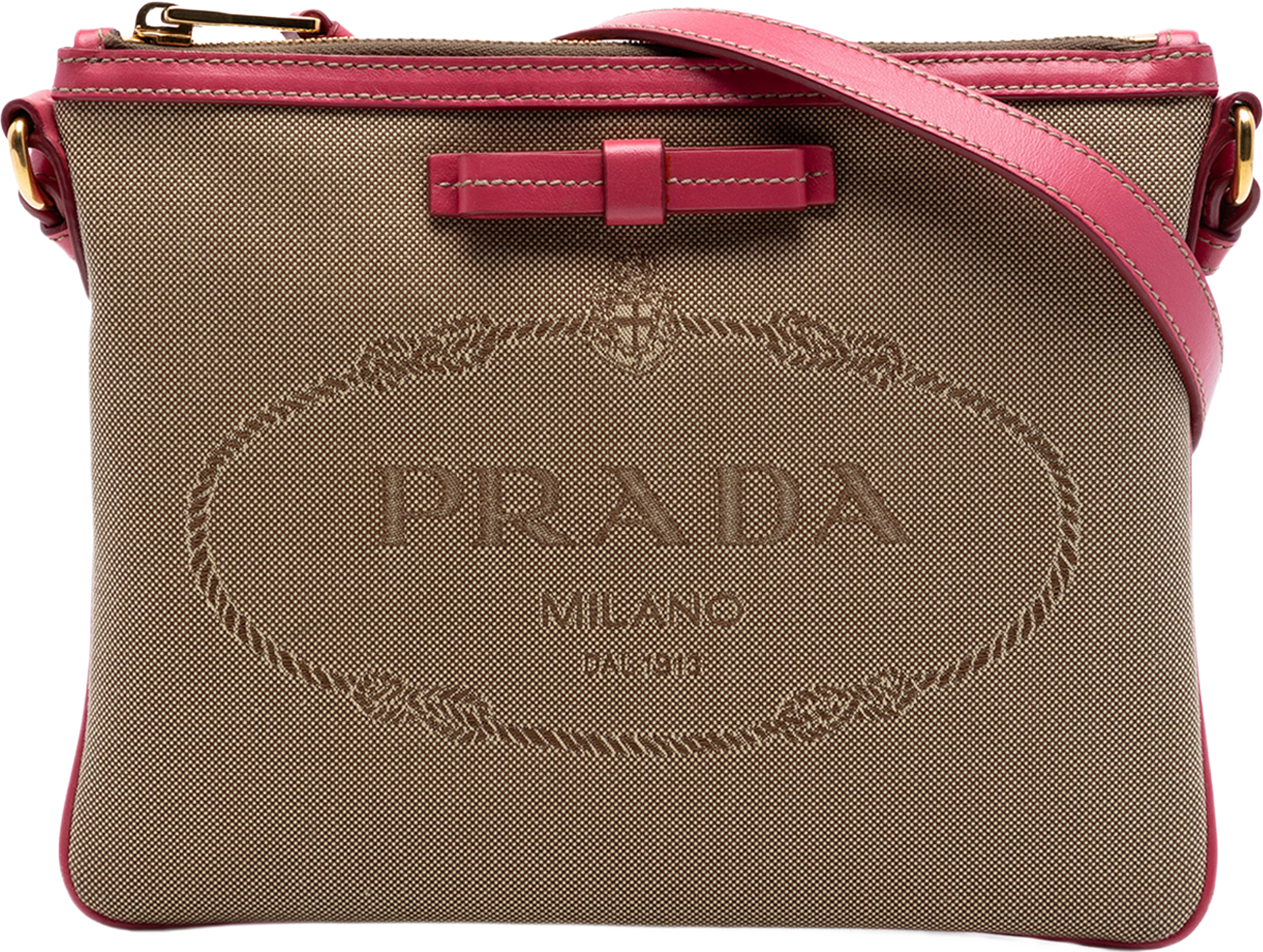 Prada Canvas Canapa Logo Bow Crossbody, från Luxclusif, i färgen beige. Klicka för att öppna bilden i stort format