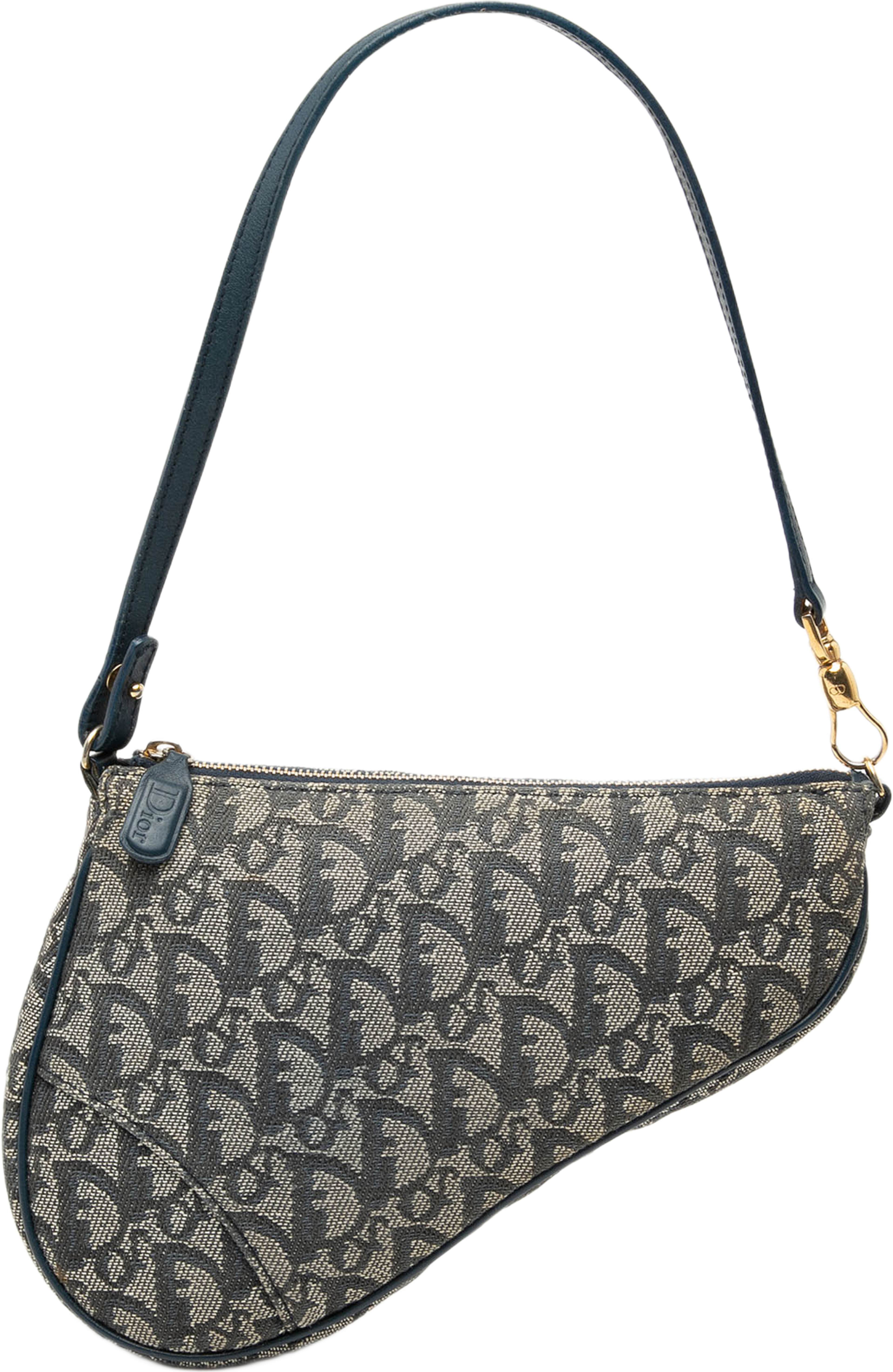 Dior Mini Diorissimo Canvas Saddle Pochette, från Luxclusif, i färgen navy. Klicka för att öppna bilden i stort format