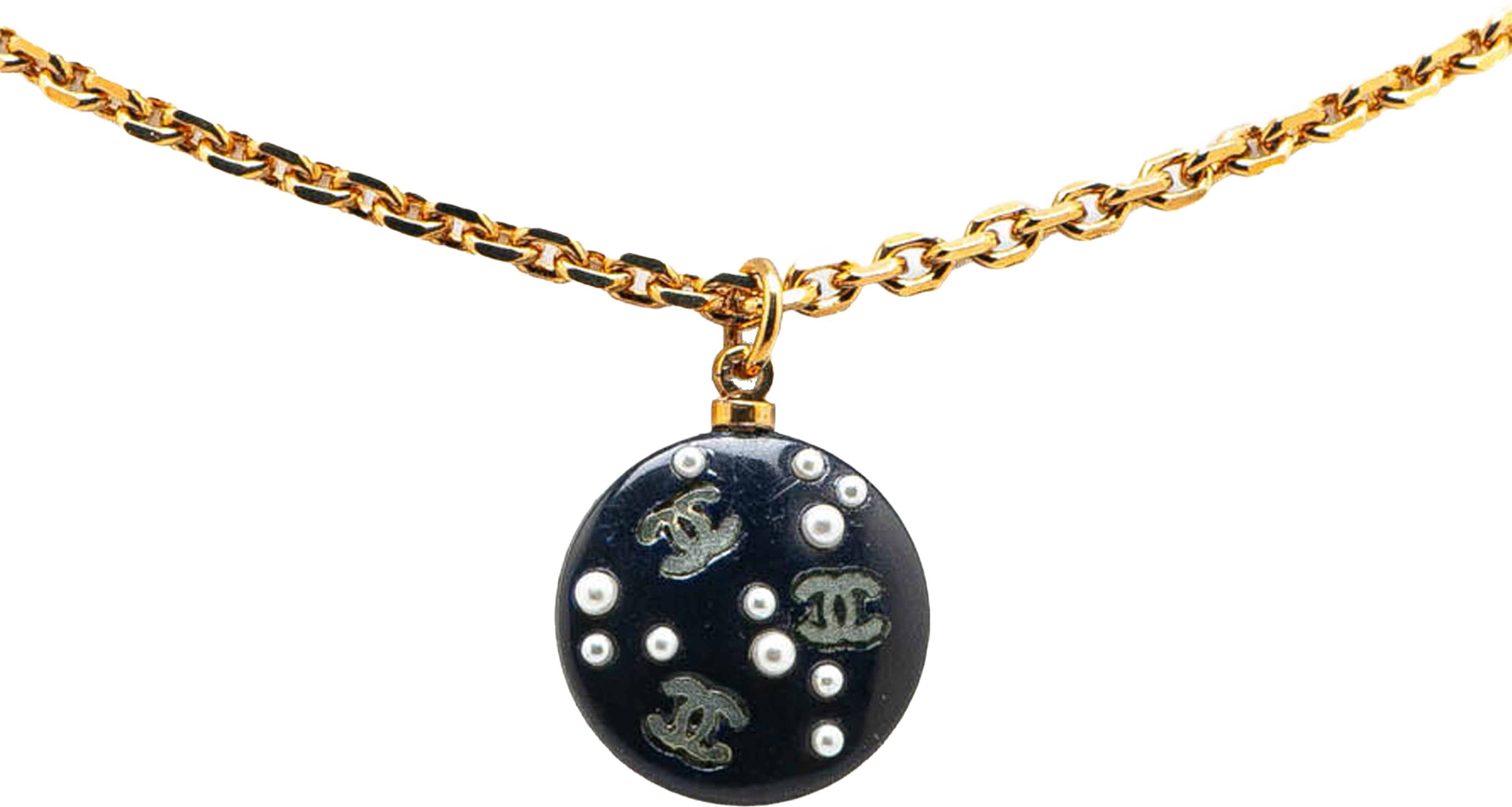 Chanel Gold Plated Cc Resin And Faux Pearl Pendant Necklace