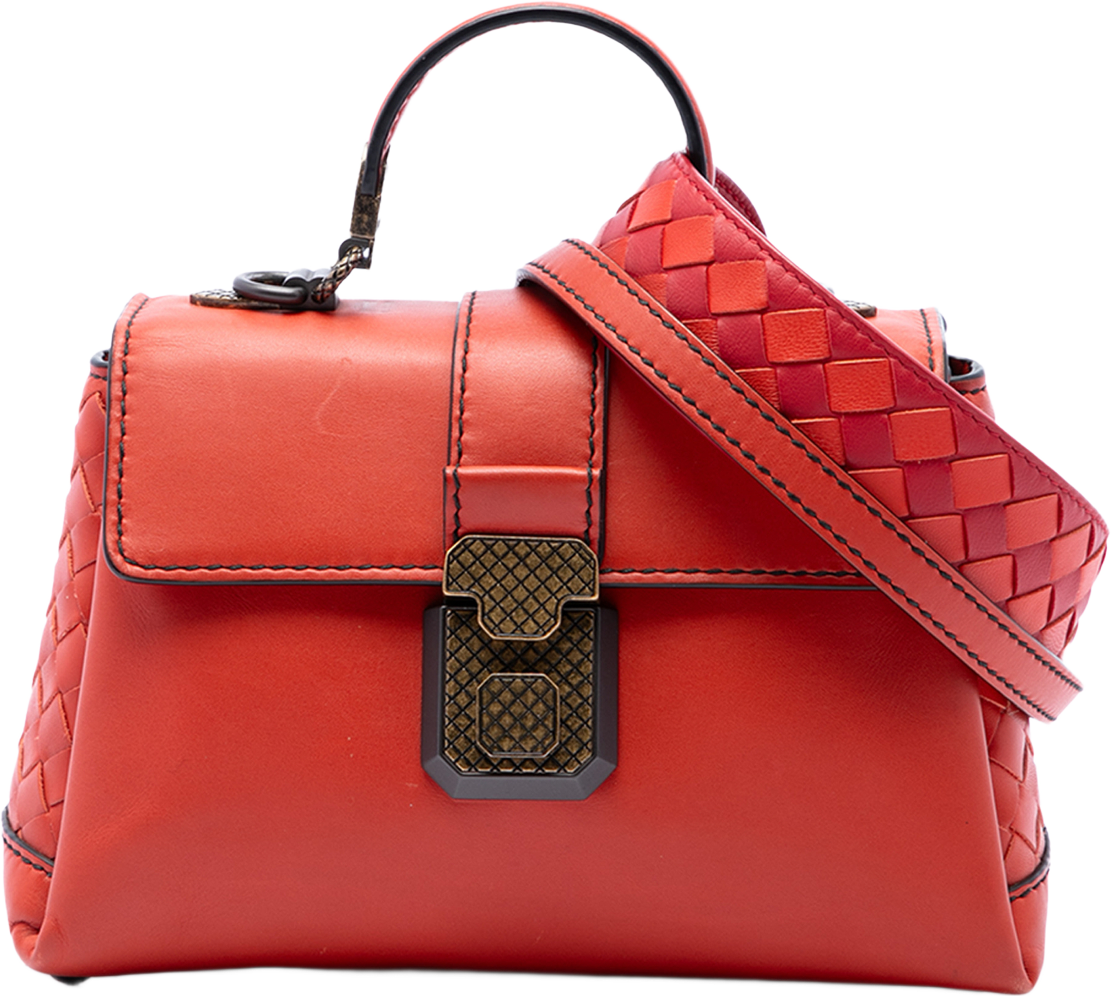 Bottega Veneta Mini Intrecciato Trimmed Nappa Piazza Top Handle Satchel, från Luxclusif, i färgen röd. Klicka för att öppna bilden i stort format