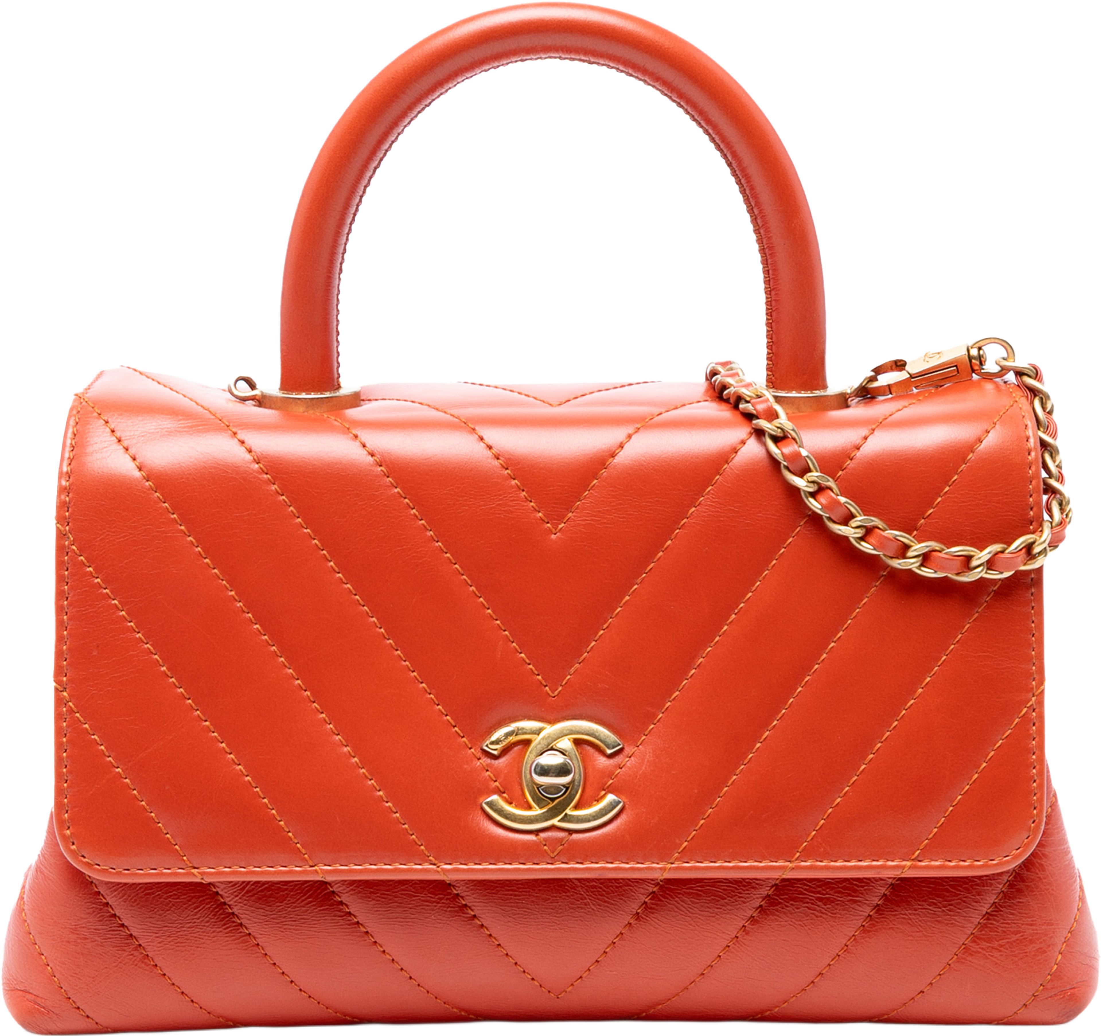 Chanel Mini Chevron Lambskin Coco Top Handle Bag, från Luxclusif, i färgen dark orange. Klicka för att öppna bilden i stort format