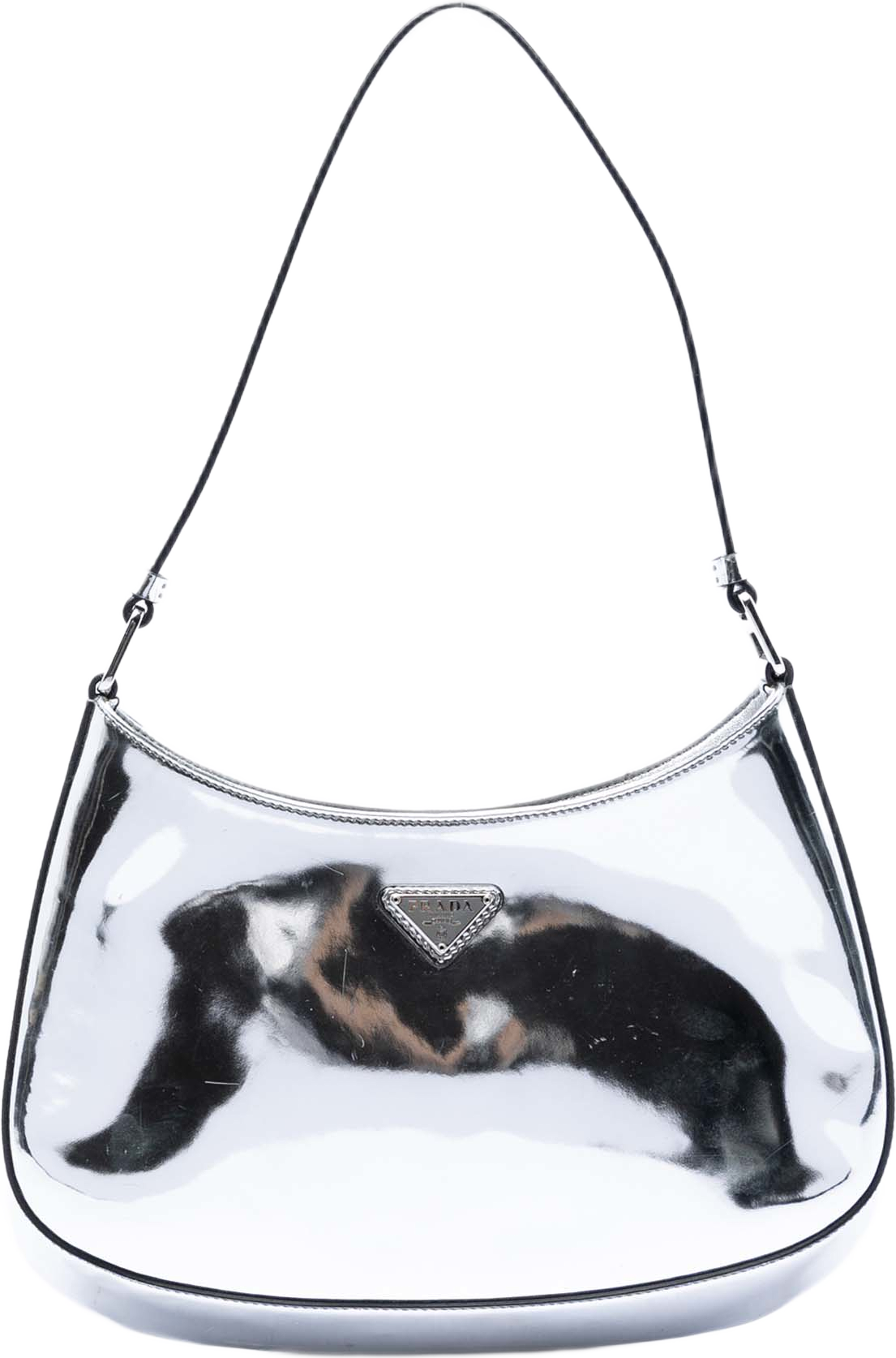 Prada Spazzolato Leather Cleo Shoulder Bag, från Luxclusif, i färgen silver. Klicka för att öppna bilden i stort format