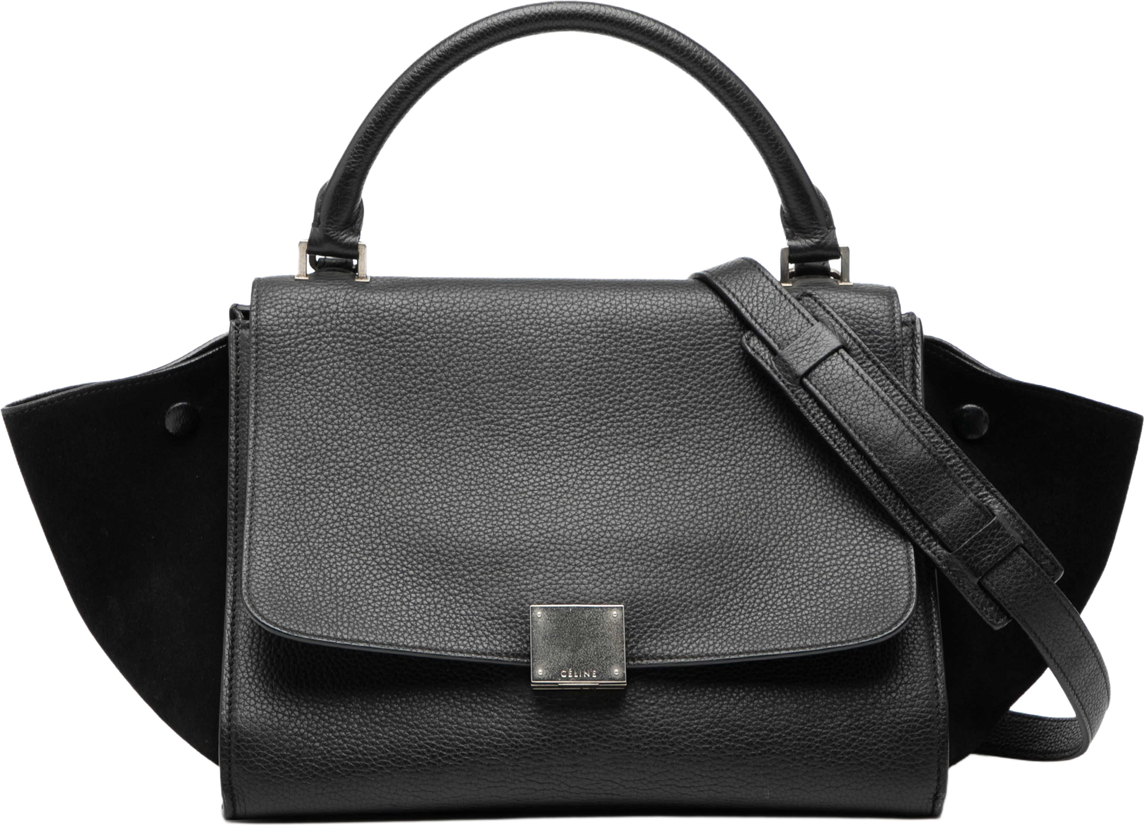 Celine Small Drummed Calfskin And Suede Trapeze Satchel, från Luxclusif, i färgen black. Klicka för att öppna bilden i stort format