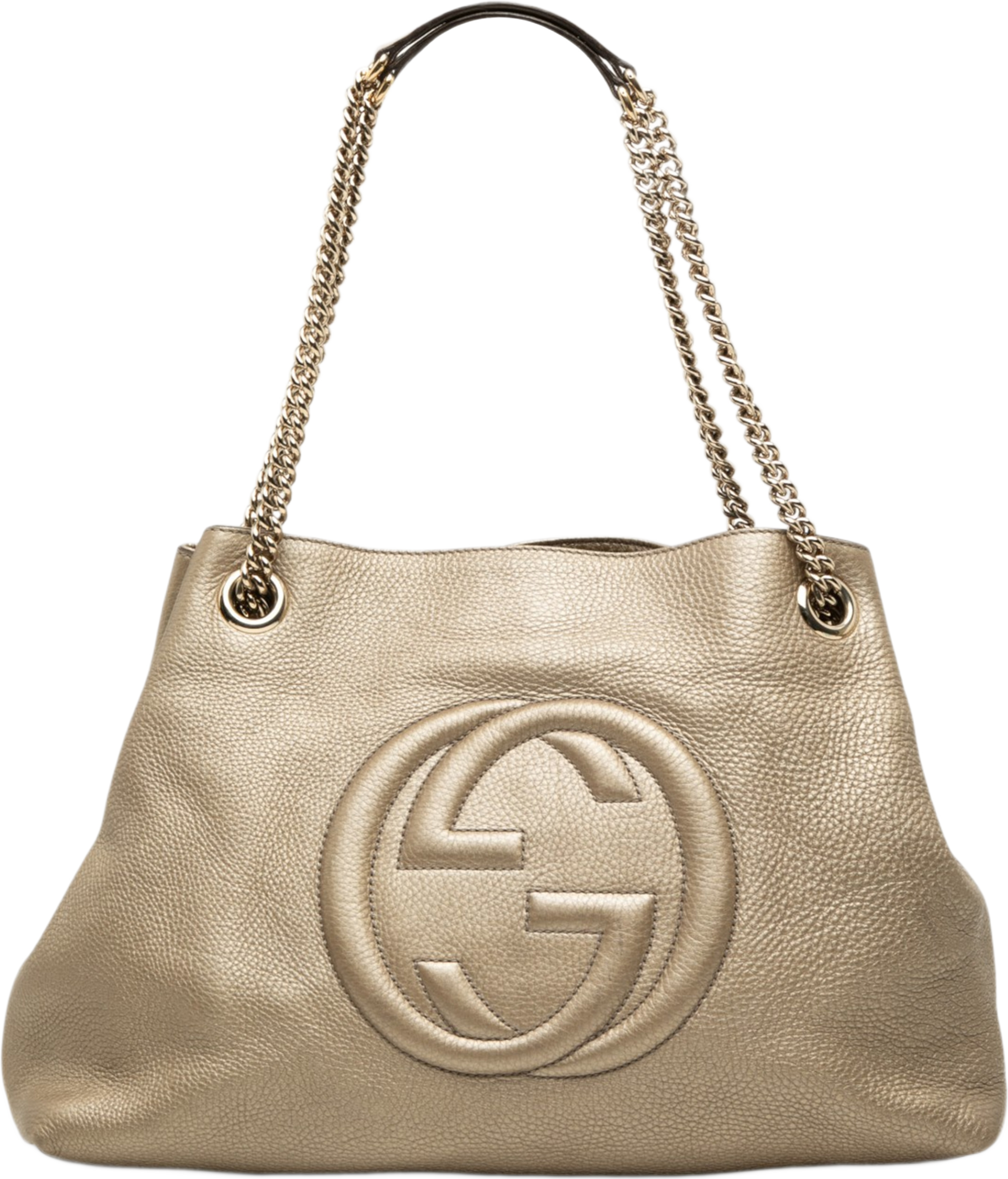Gucci Medium Metallic Calfskin Soho Chain Tote, från Luxclusif, i färgen guld. Klicka för att öppna bilden i stort format