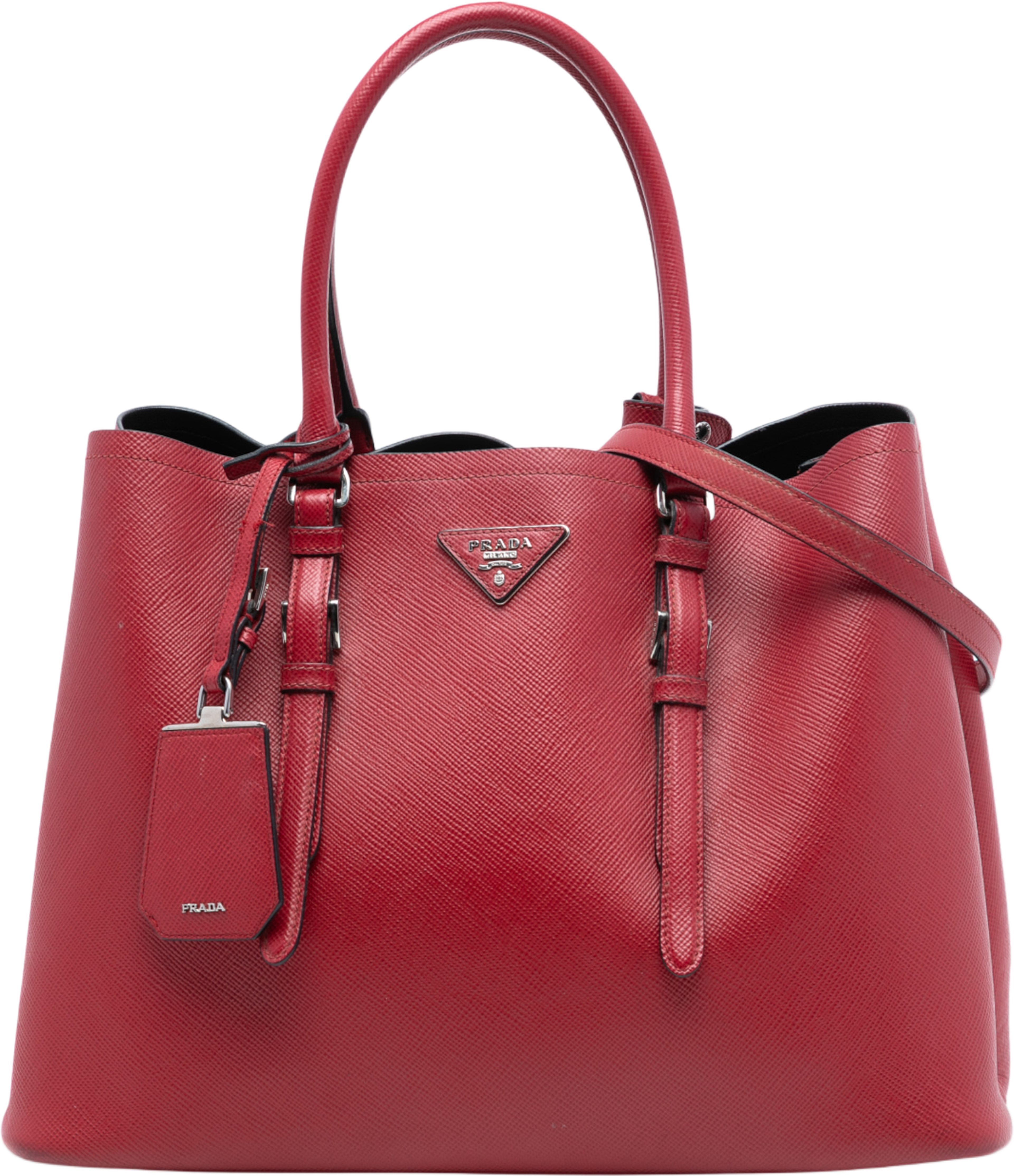 Prada Medium Saffiano Cuir Double Handle Satchel, från Luxclusif, i färgen red. Klicka för att öppna bilden i stort format