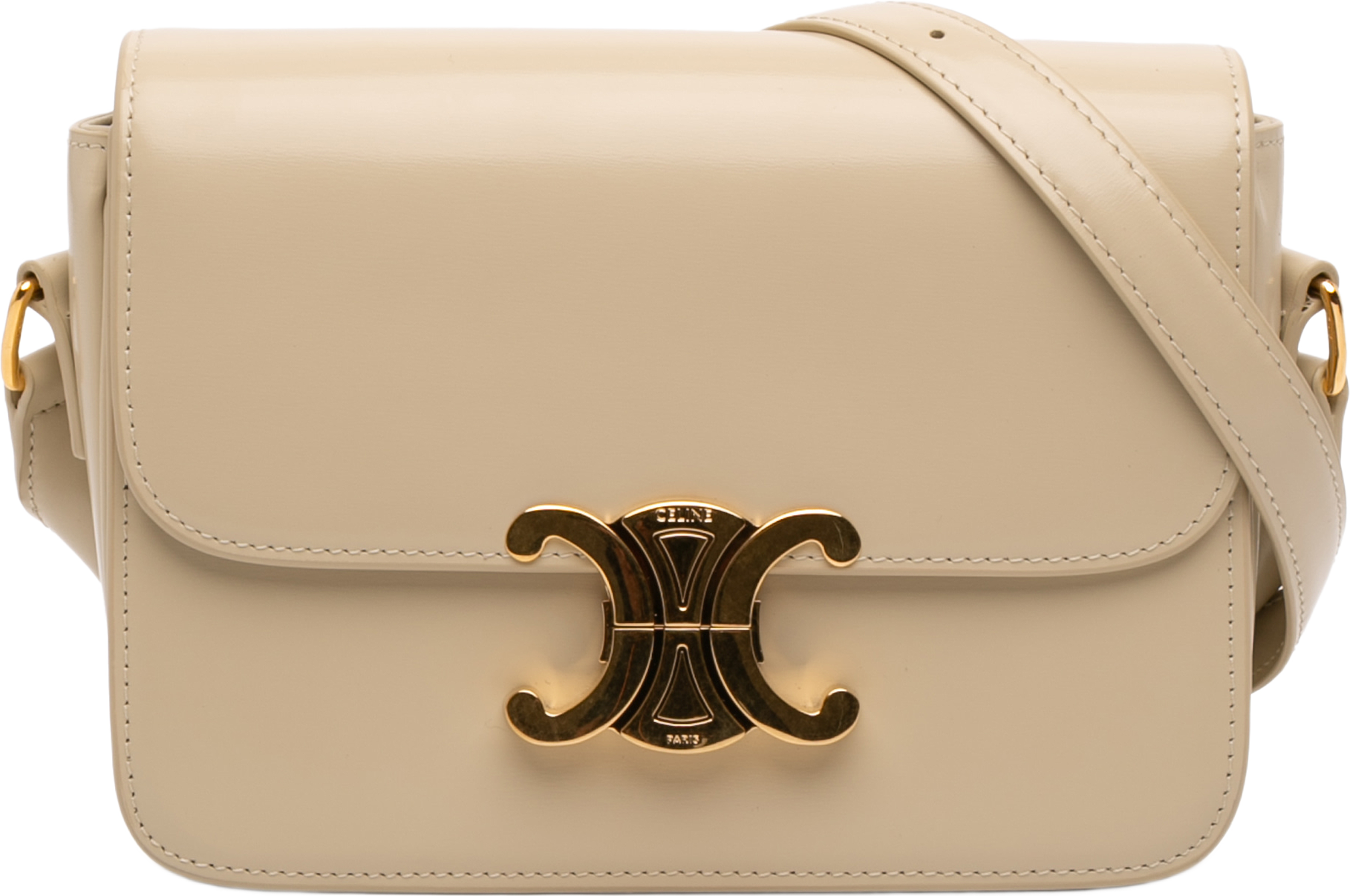 Celine Teen Shiny Calfskin Triomphe Crossbody, från Luxclusif, i färgen beige. Klicka för att öppna bilden i stort format