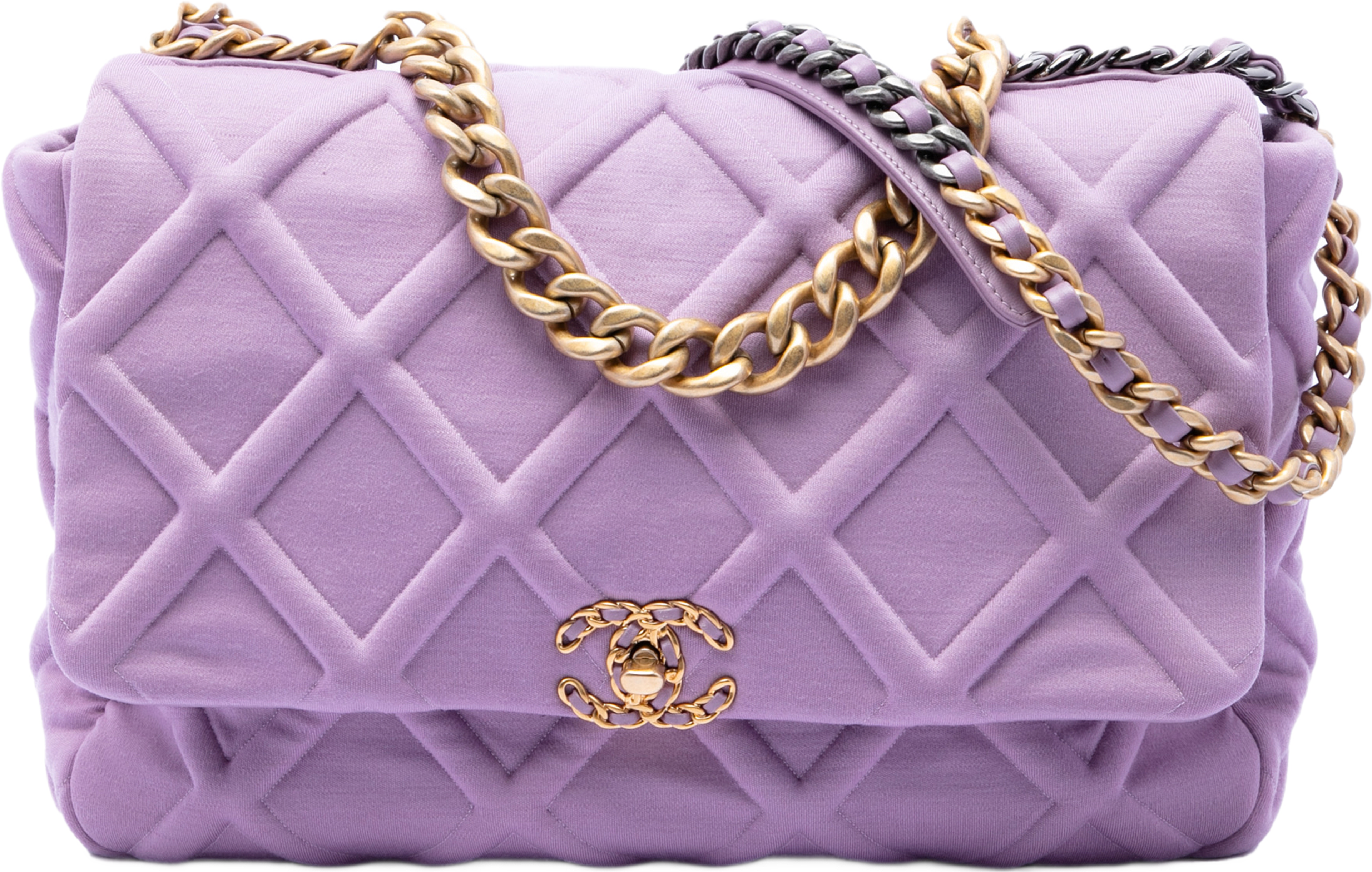 Chanel Large Jersey 19 Flap, från Luxclusif, i färgen purpur. Klicka för att öppna bilden i stort format