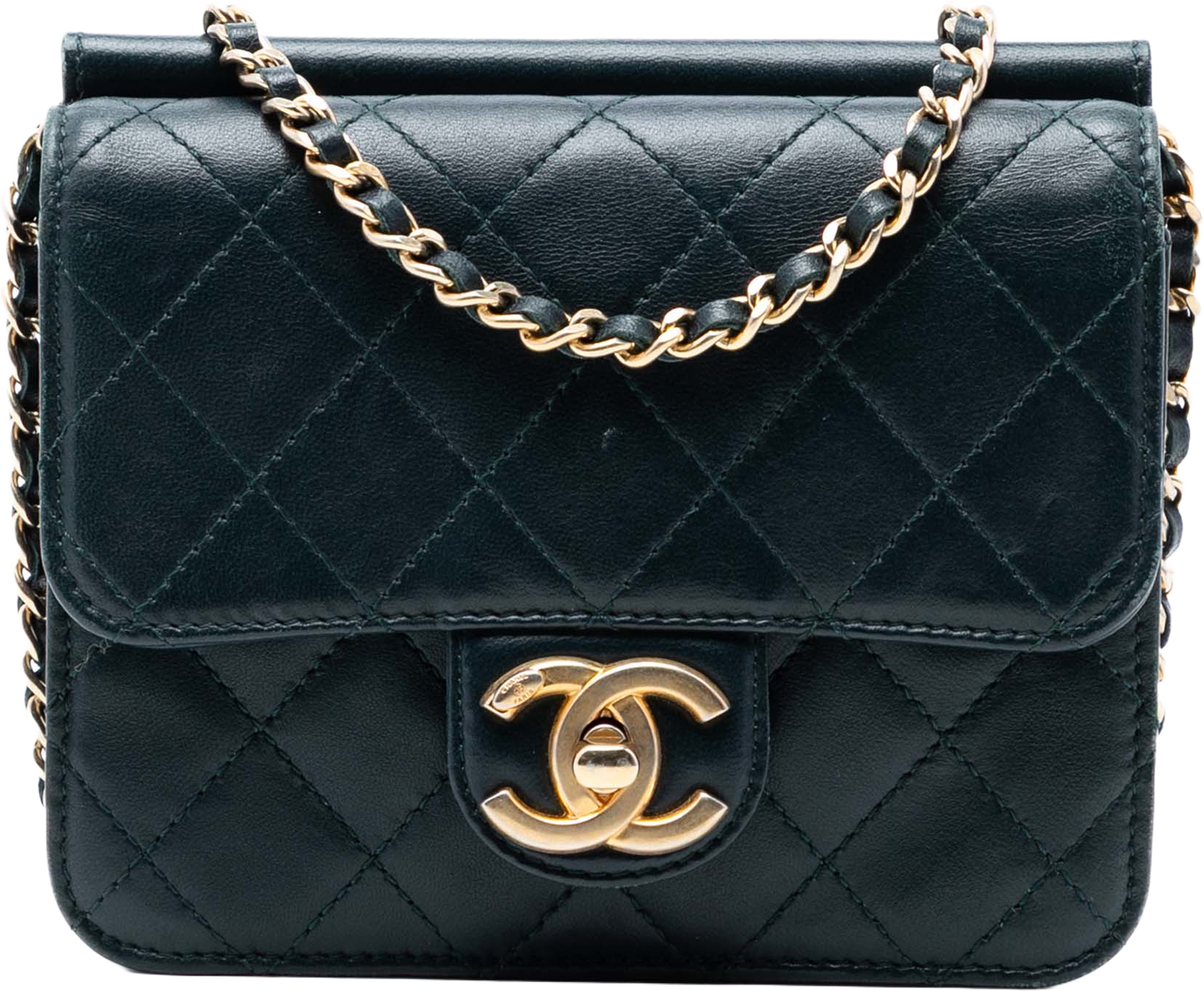 Chanel Mini Quilted Lambskin Crossing Times Flap, från Luxclusif, i färgen navy. Klicka för att öppna bilden i stort format