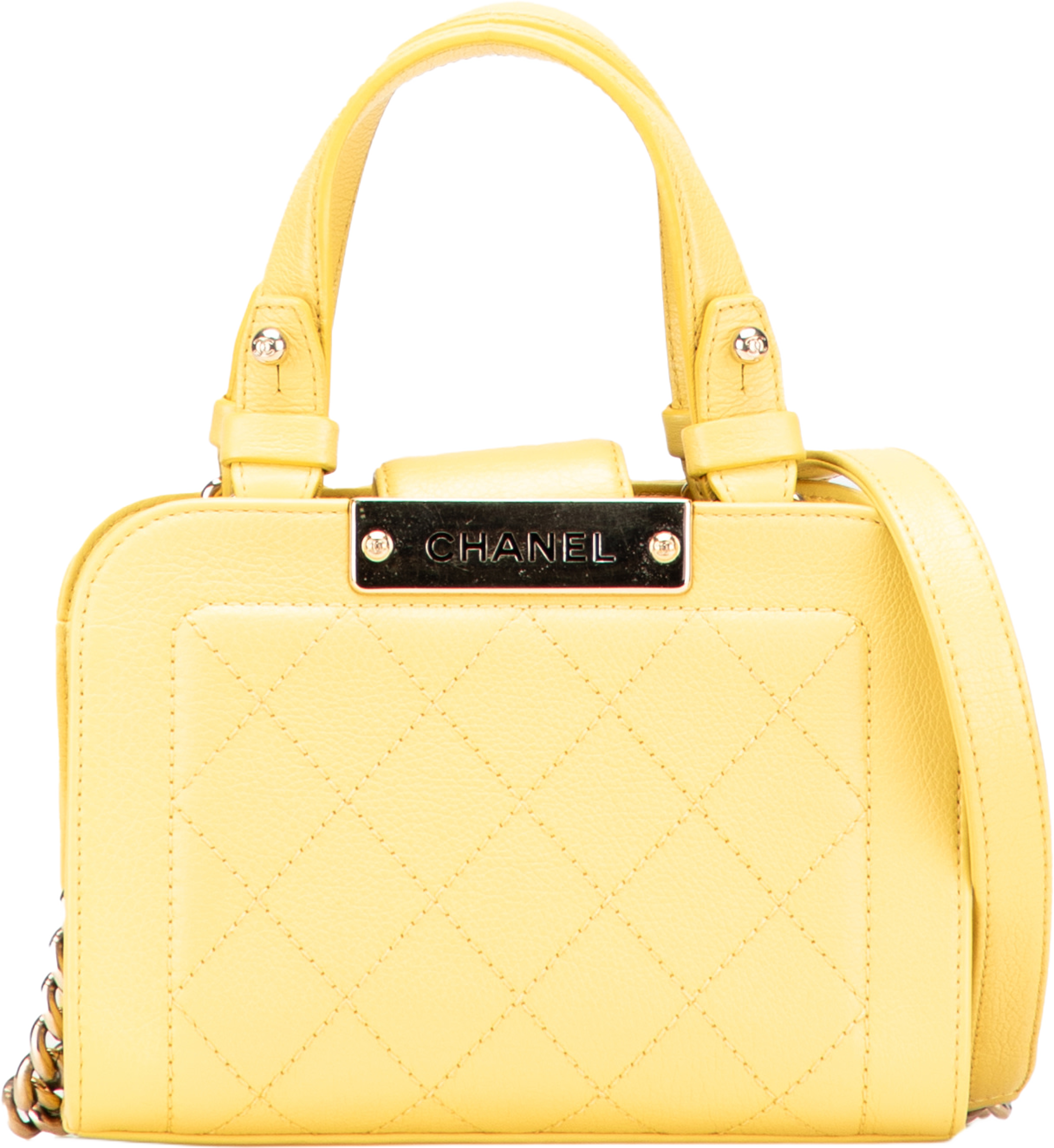 Chanel Mini Calfskin Label Click Shopping Tote, från Luxclusif, i färgen yellow. Klicka för att öppna bilden i stort format