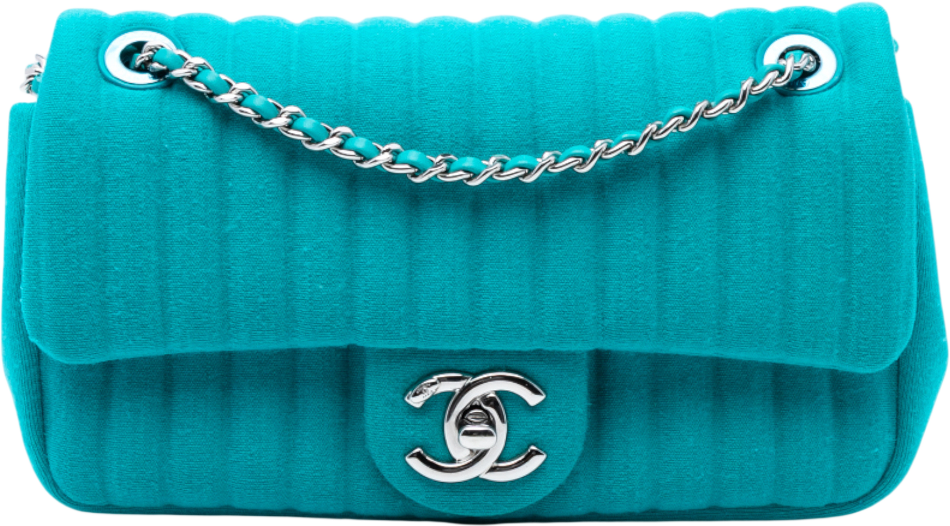 Chanel Mini Vertical Quilted Jersey Single Flap, från Luxclusif, i färgen peacock. Klicka för att öppna bilden i stort format