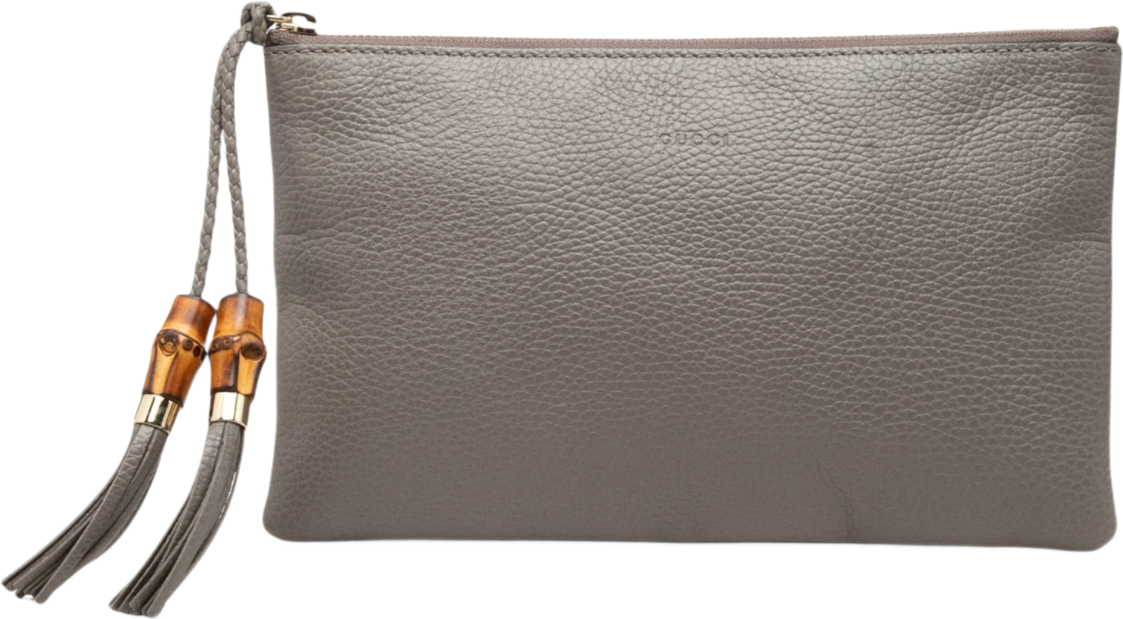 Gucci Calfskin Bamboo Clutch, från Luxclusif, i färgen grå. Klicka för att öppna bilden i stort format