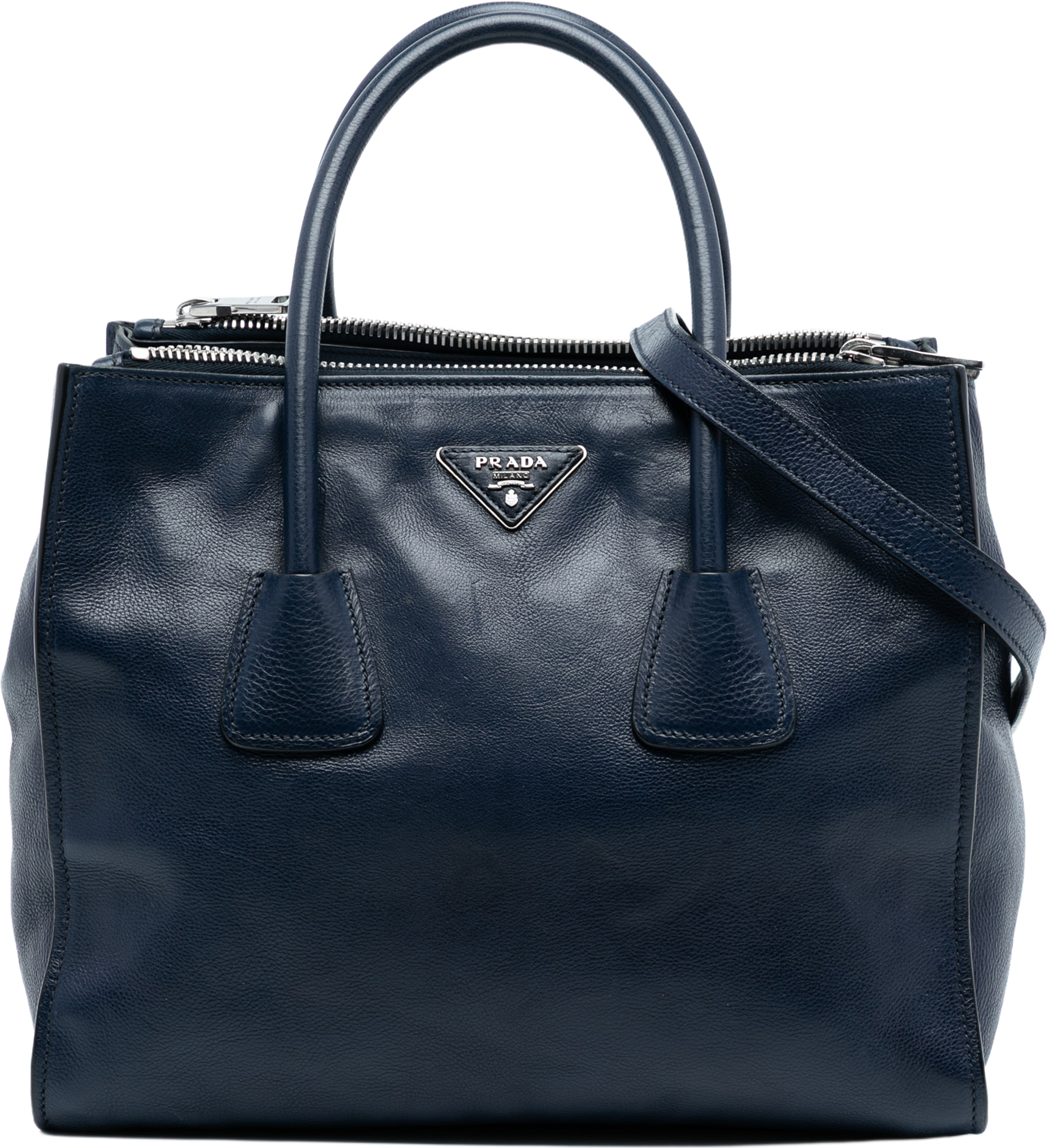 Prada Glace Calf Twin Pocket Double Handle Satchel, från Luxclusif, i färgen navy. Klicka för att öppna bilden i stort format