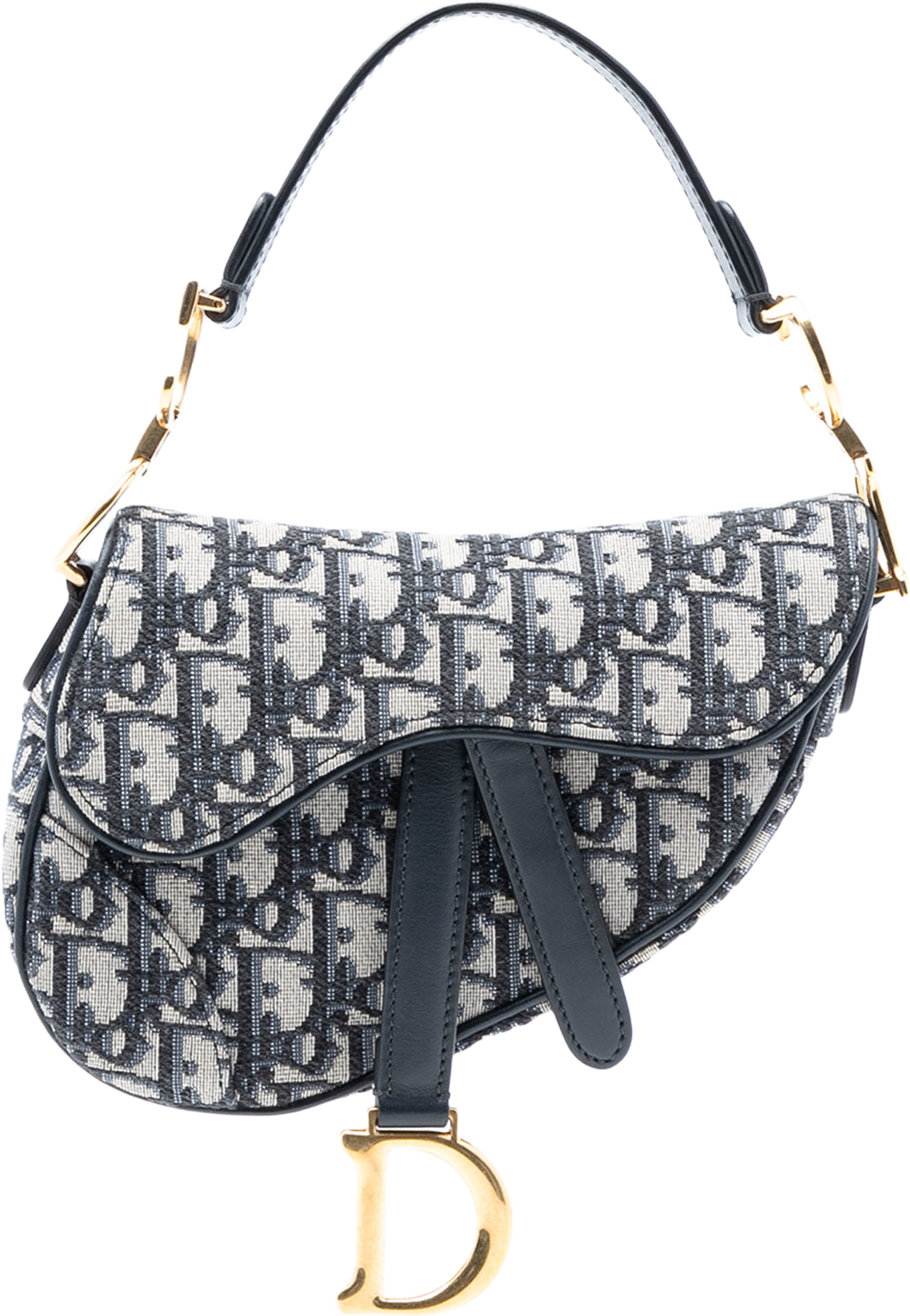 Dior Mini Oblique Canvas Saddle Bag, från Luxclusif, i färgen navy. Klicka för att öppna bilden i stort format