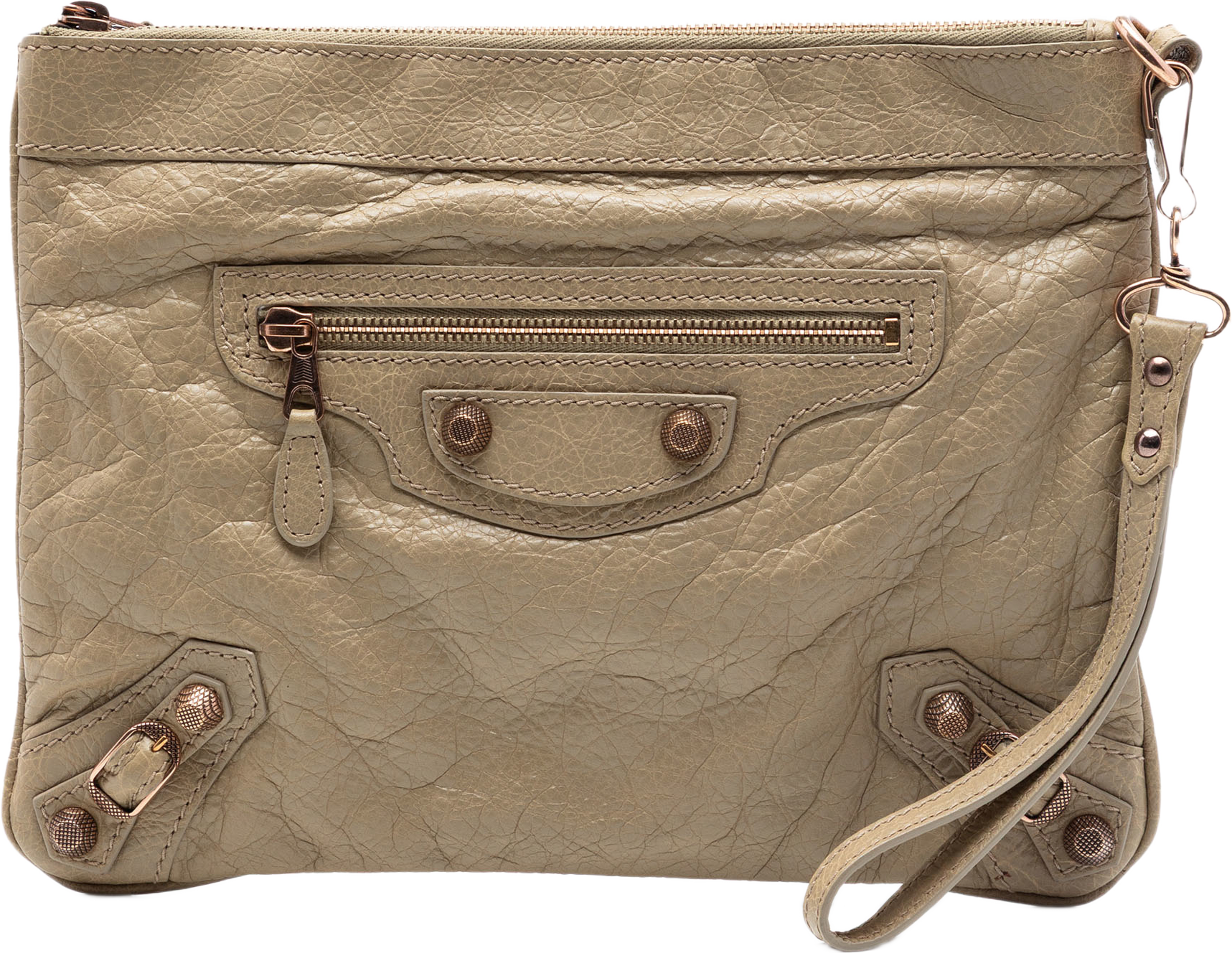 Balenciaga Lambskin Motocross Giant 12 Clutch, från Luxclusif, i färgen beige. Klicka för att öppna bilden i stort format