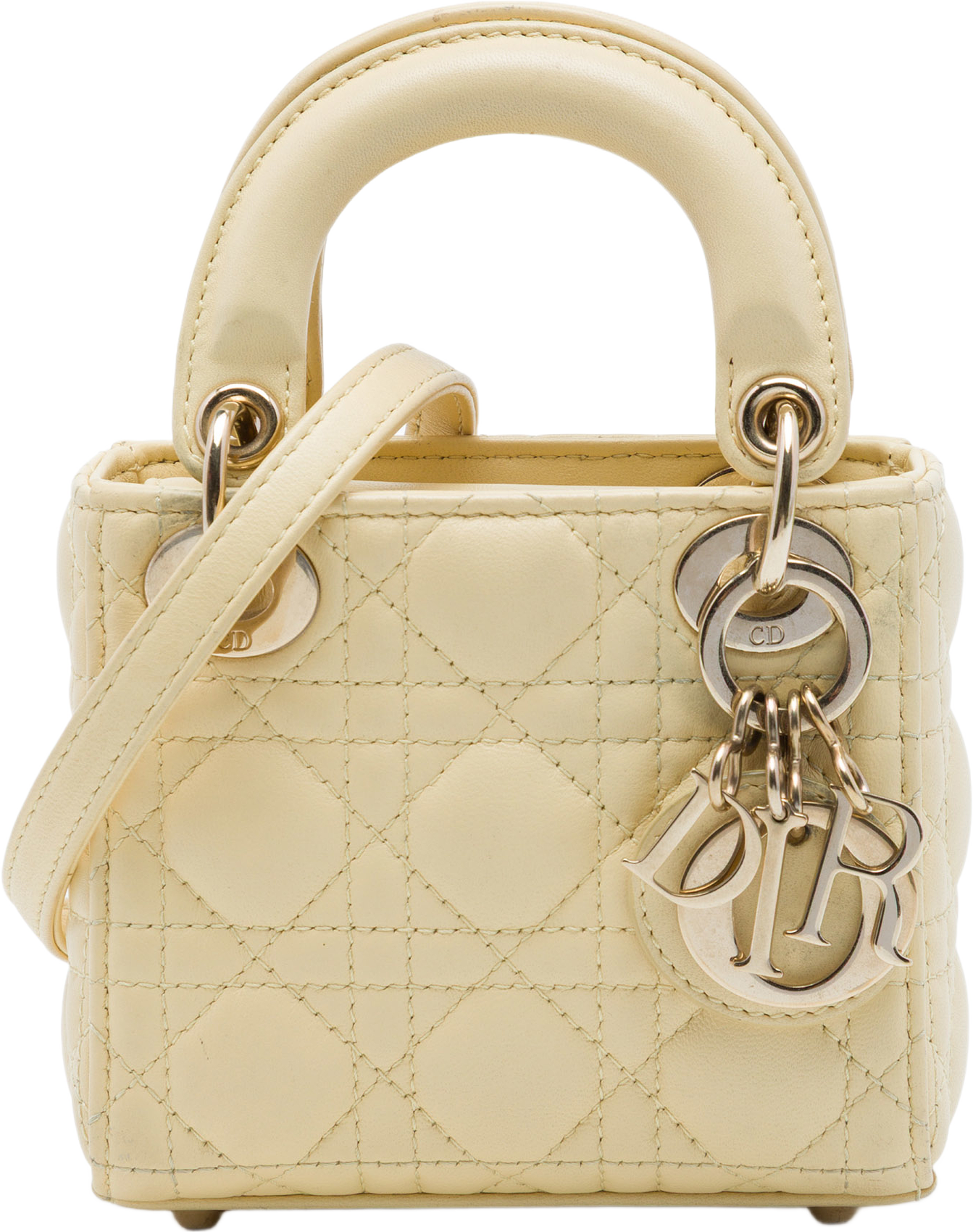 Dior Micro Lambskin Cannage Lady Dior, från Luxclusif, i färgen gul. Klicka för att öppna bilden i stort format