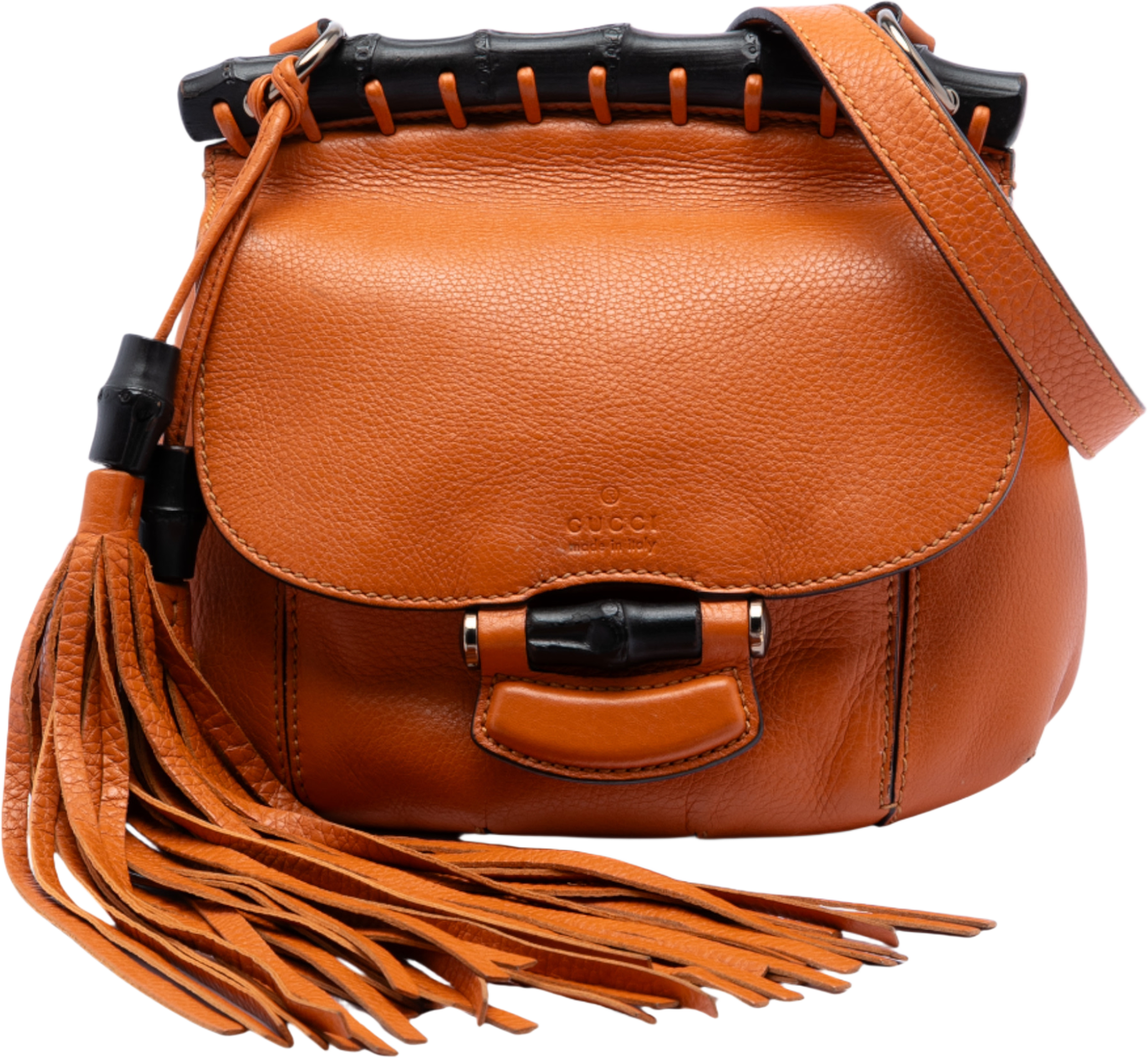 Gucci Small Leather Bamboo Nouveau Fringe Crossbody, från Luxclusif, i färgen orange. Klicka för att öppna bilden i stort format