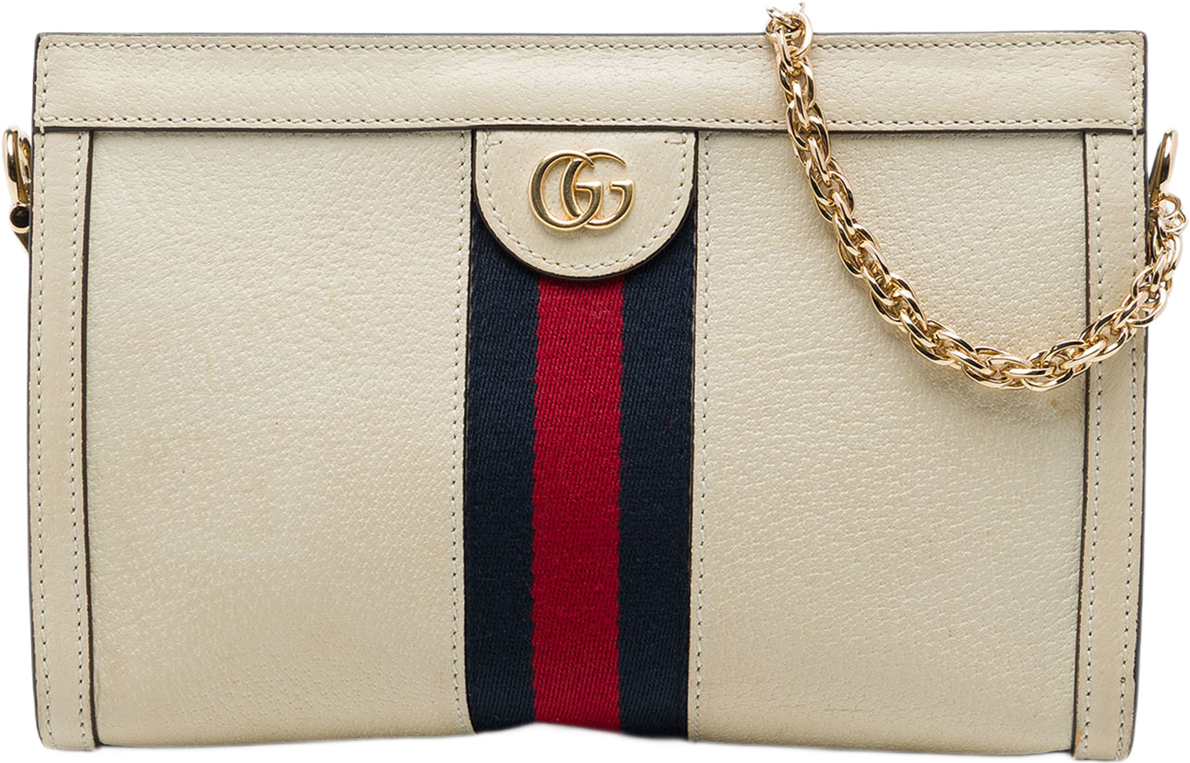 Gucci Small Calfskin Web Ophidia Chain Crossbody, från Luxclusif, i färgen vit. Klicka för att öppna bilden i stort format