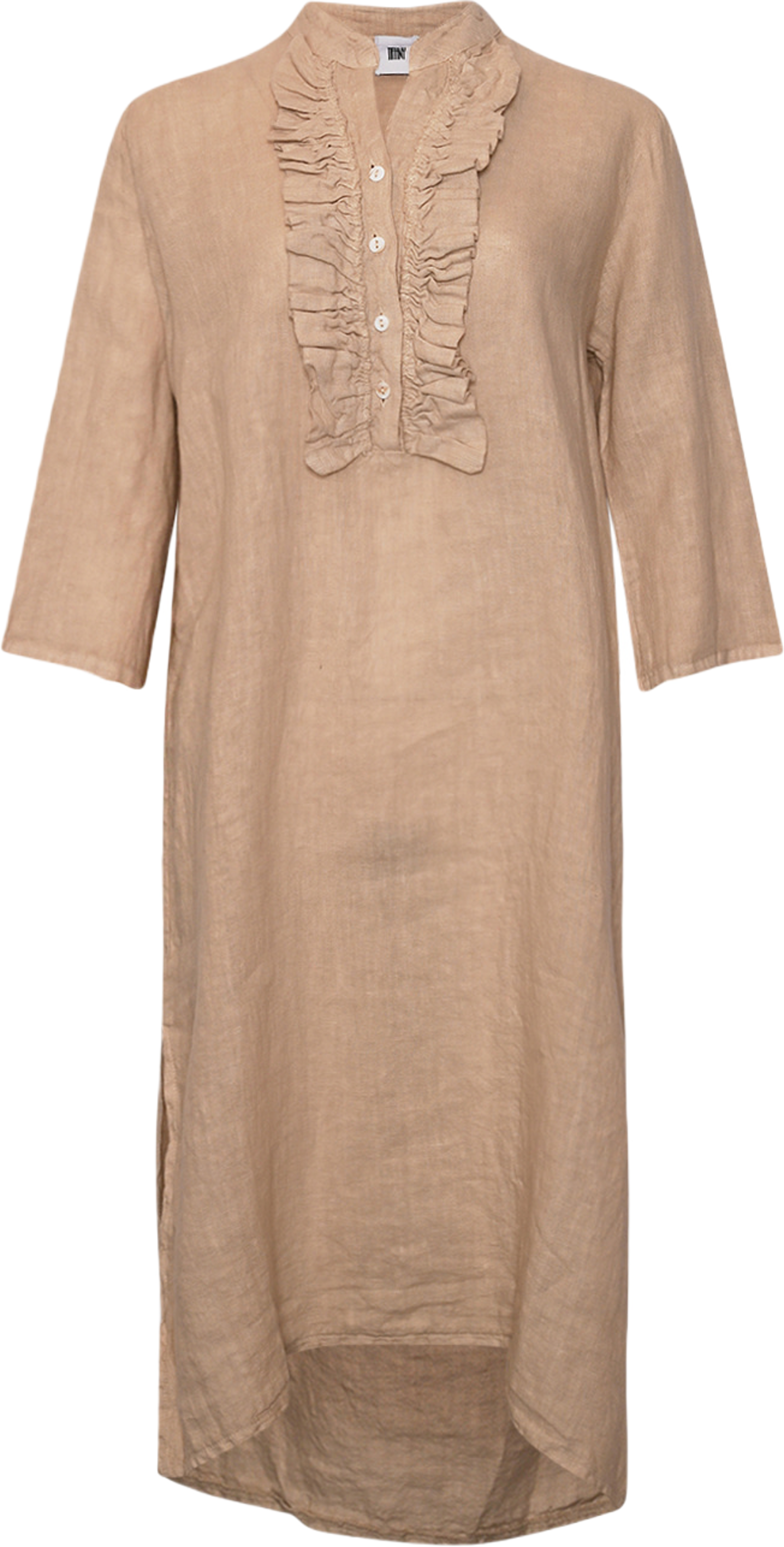 18970r, Long Shirt Dress Ruffle, Linen - Soft Grey