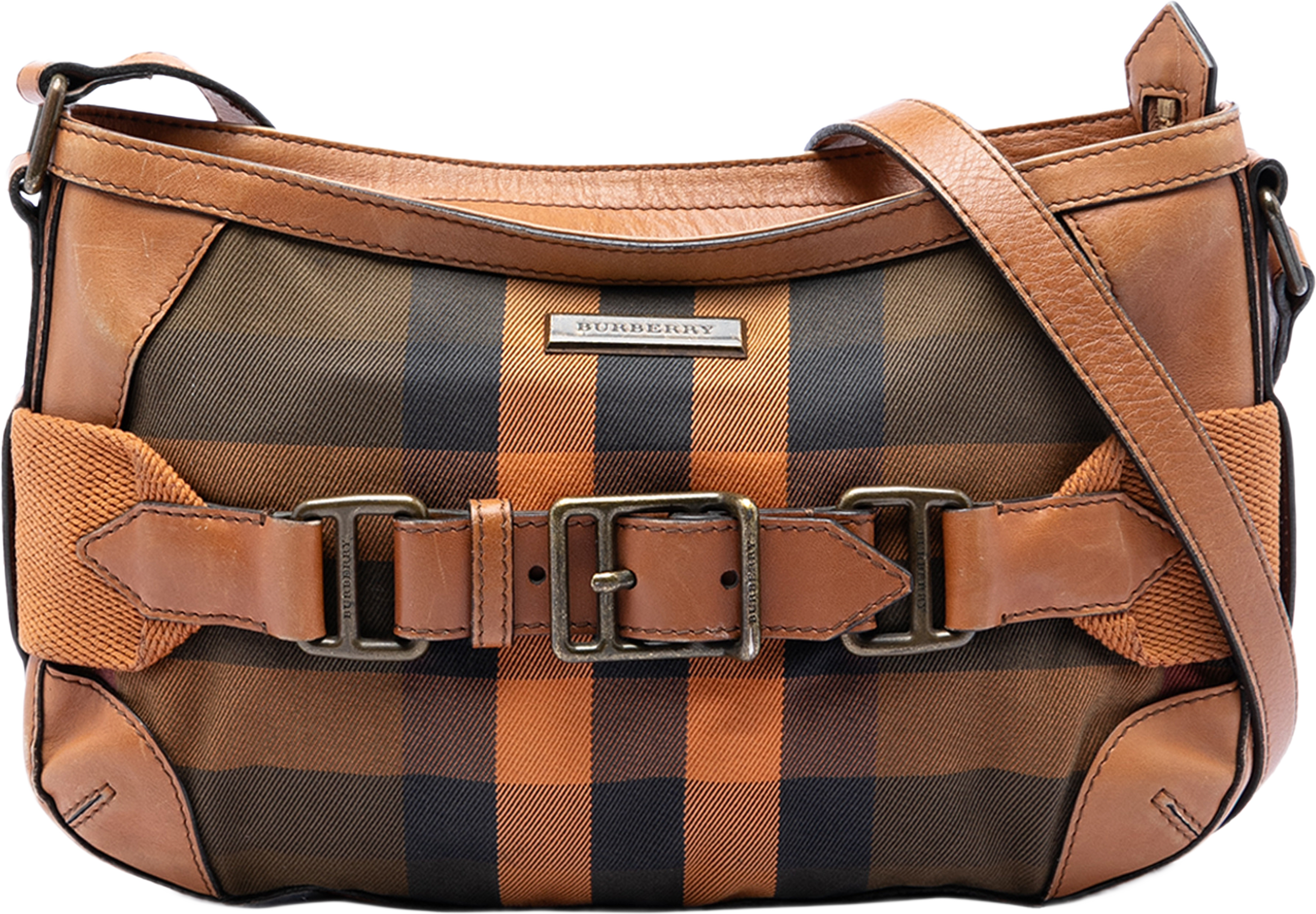 Burberry Mega Check Canvas And Leather Belted Crossbody, från Luxclusif, i färgen brown. Klicka för att öppna bilden i stort format