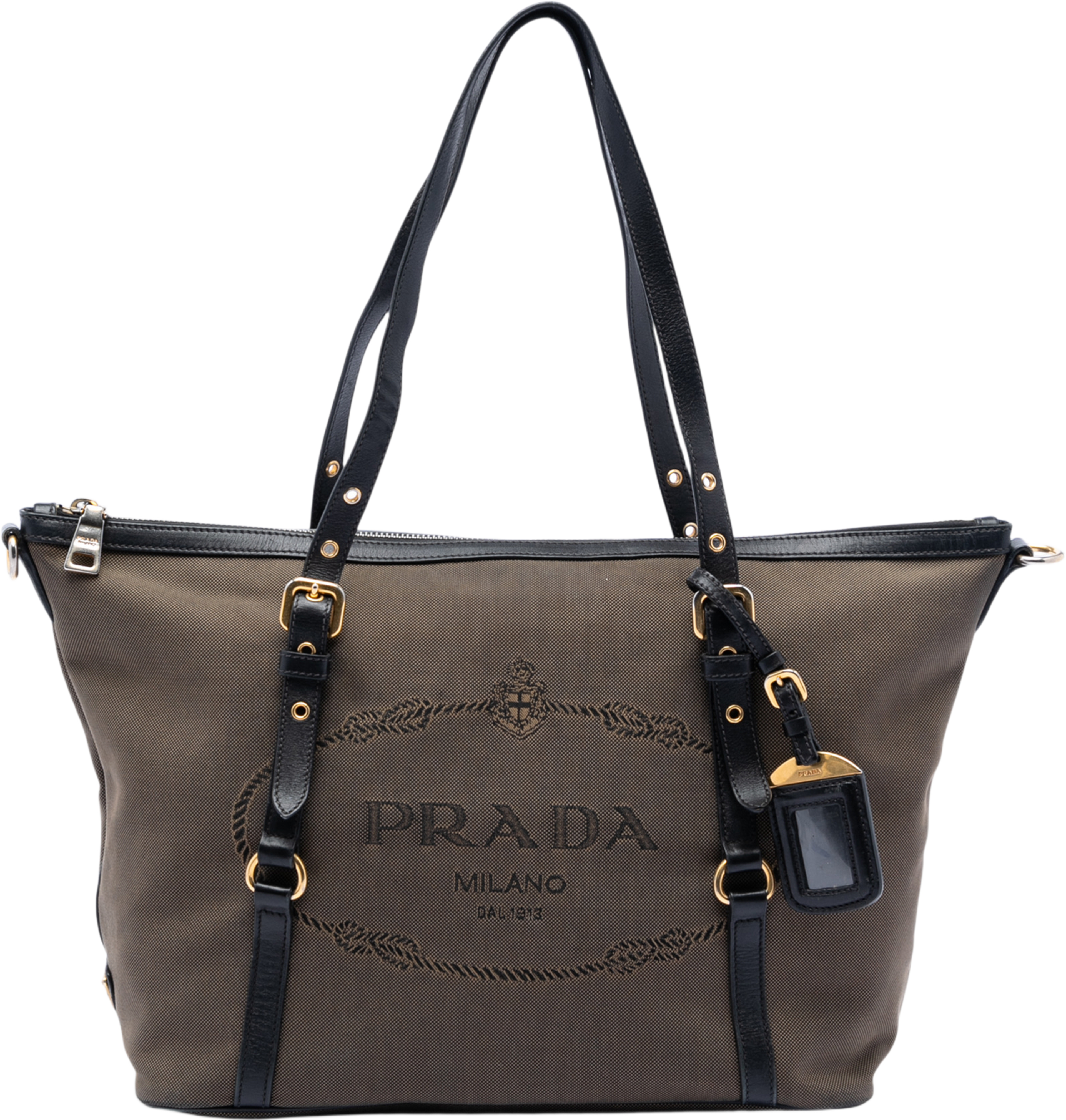 Prada Canvas Canapa Logo Satchel, från Luxclusif, i färgen dark brown. Klicka för att öppna bilden i stort format